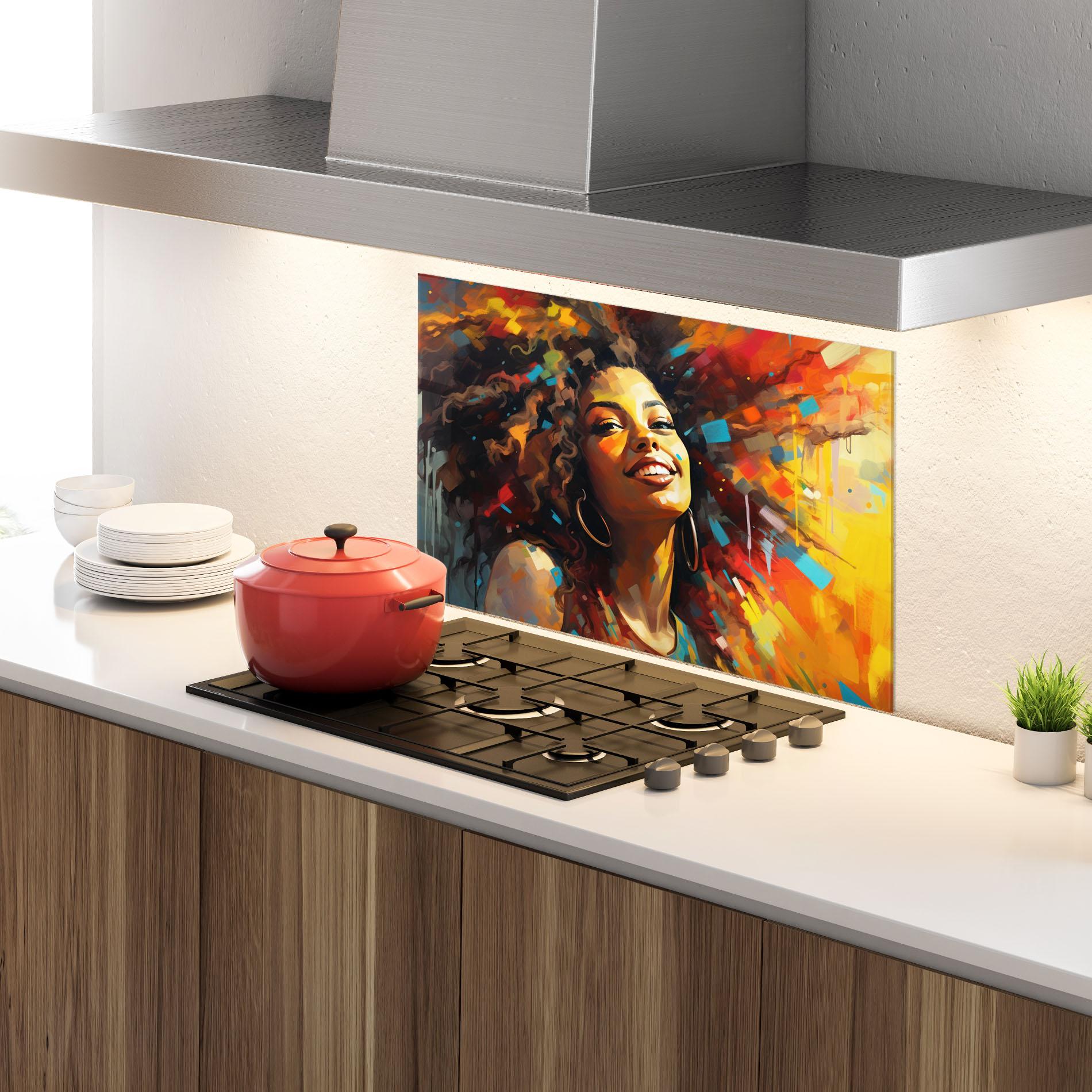 Küchenrückwand Glas Cheerful African Woman mockup 4