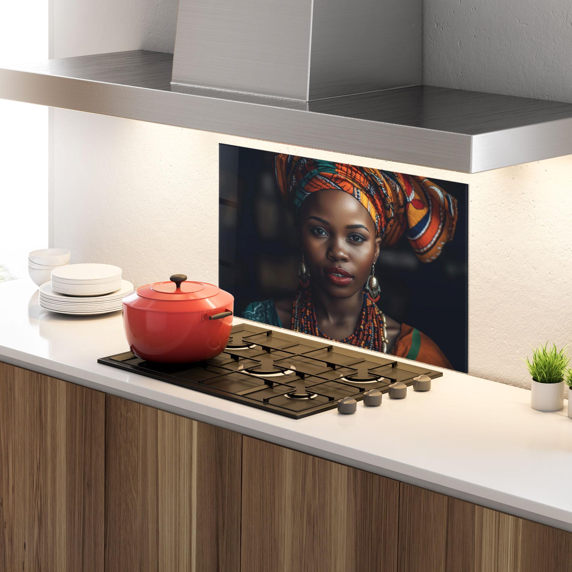 Küchenrückwand Glas Young African Woman mockup 4