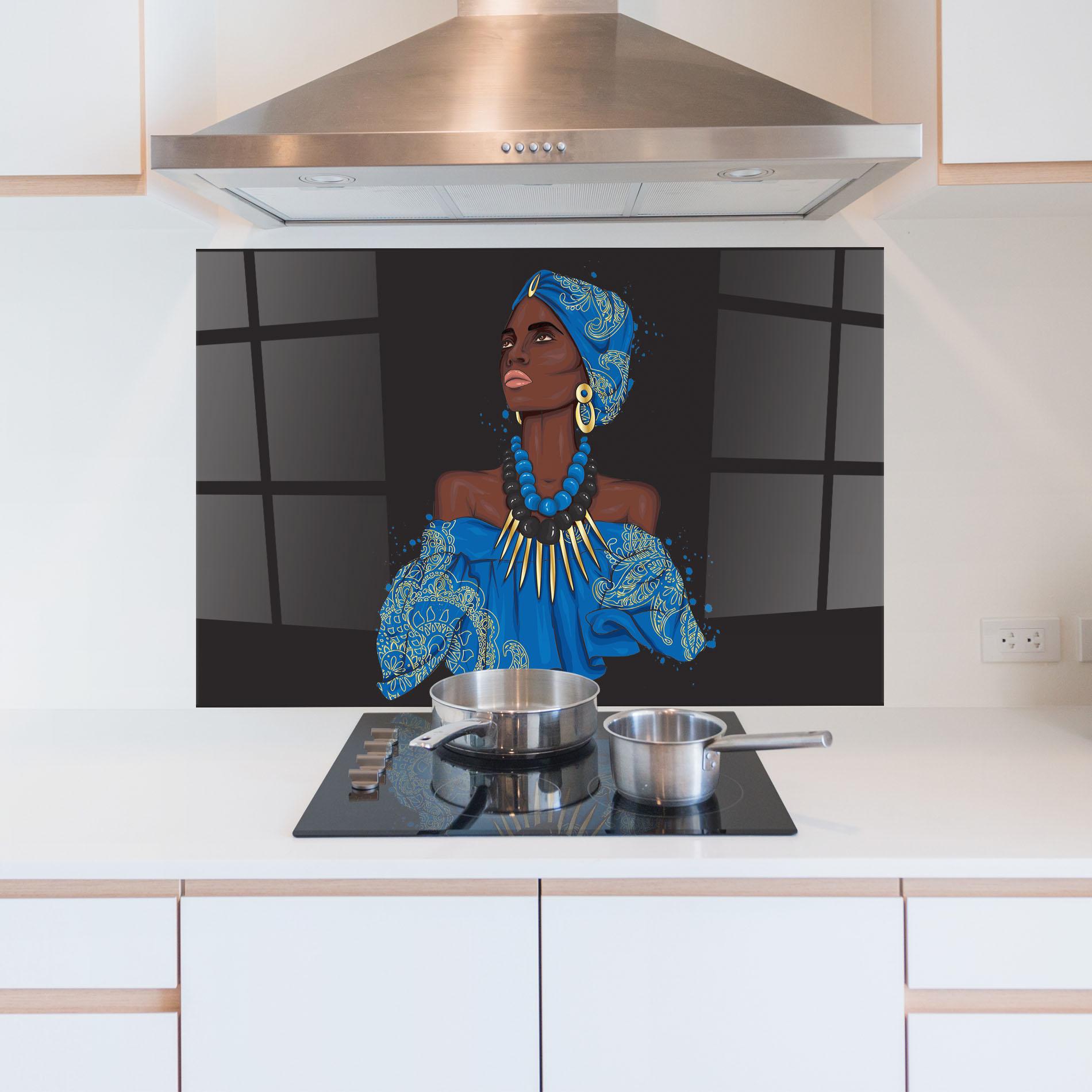 Küchenrückwand Glas Blue African Outfit mockup 5