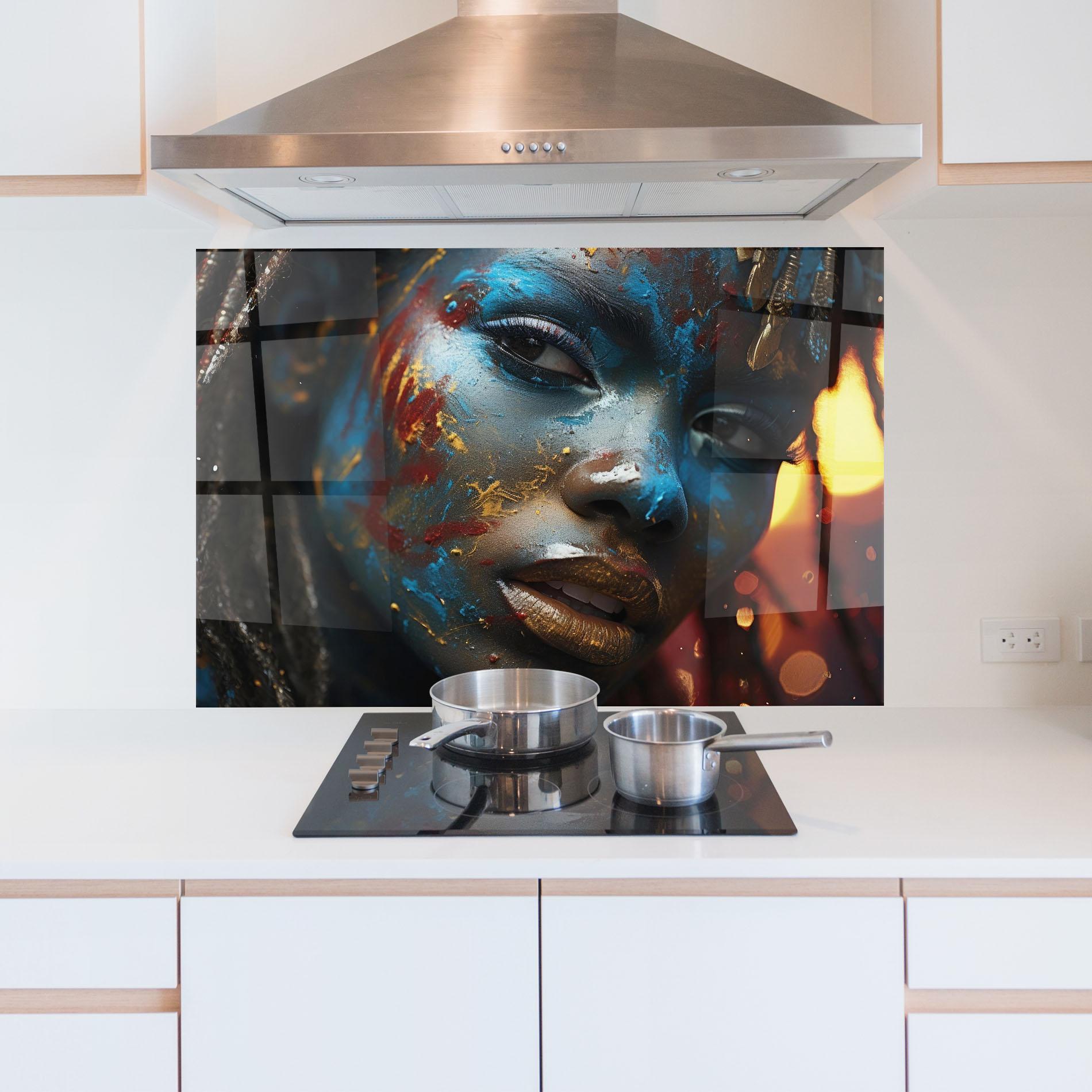 Küchenrückwand Glas Blue Paint Woman mockup 5