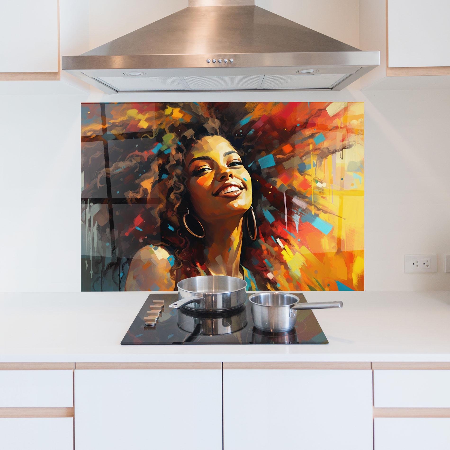 Küchenrückwand Glas Cheerful African Woman mockup 5