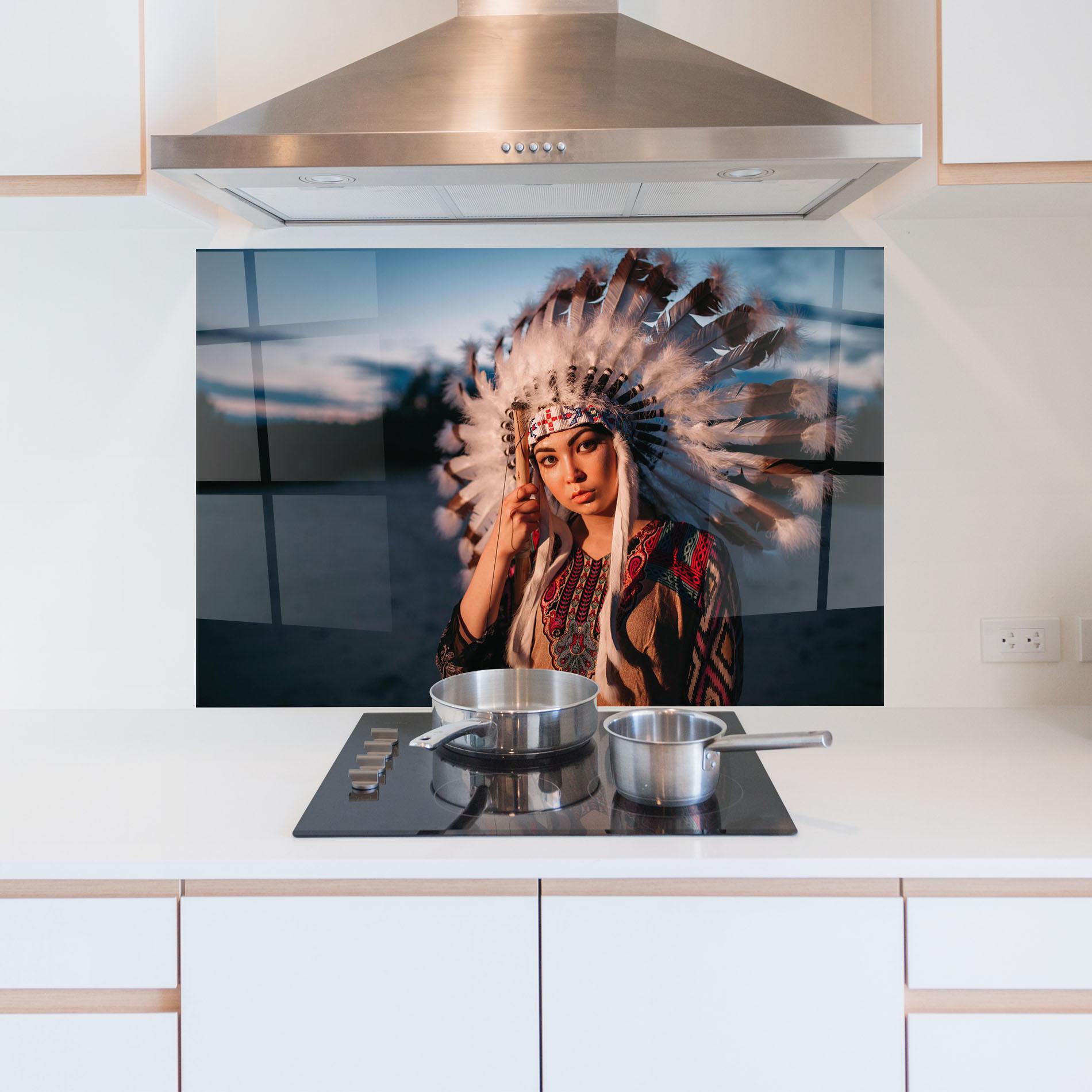 Küchenrückwand Glas Indian Woman Sunset mockup 5