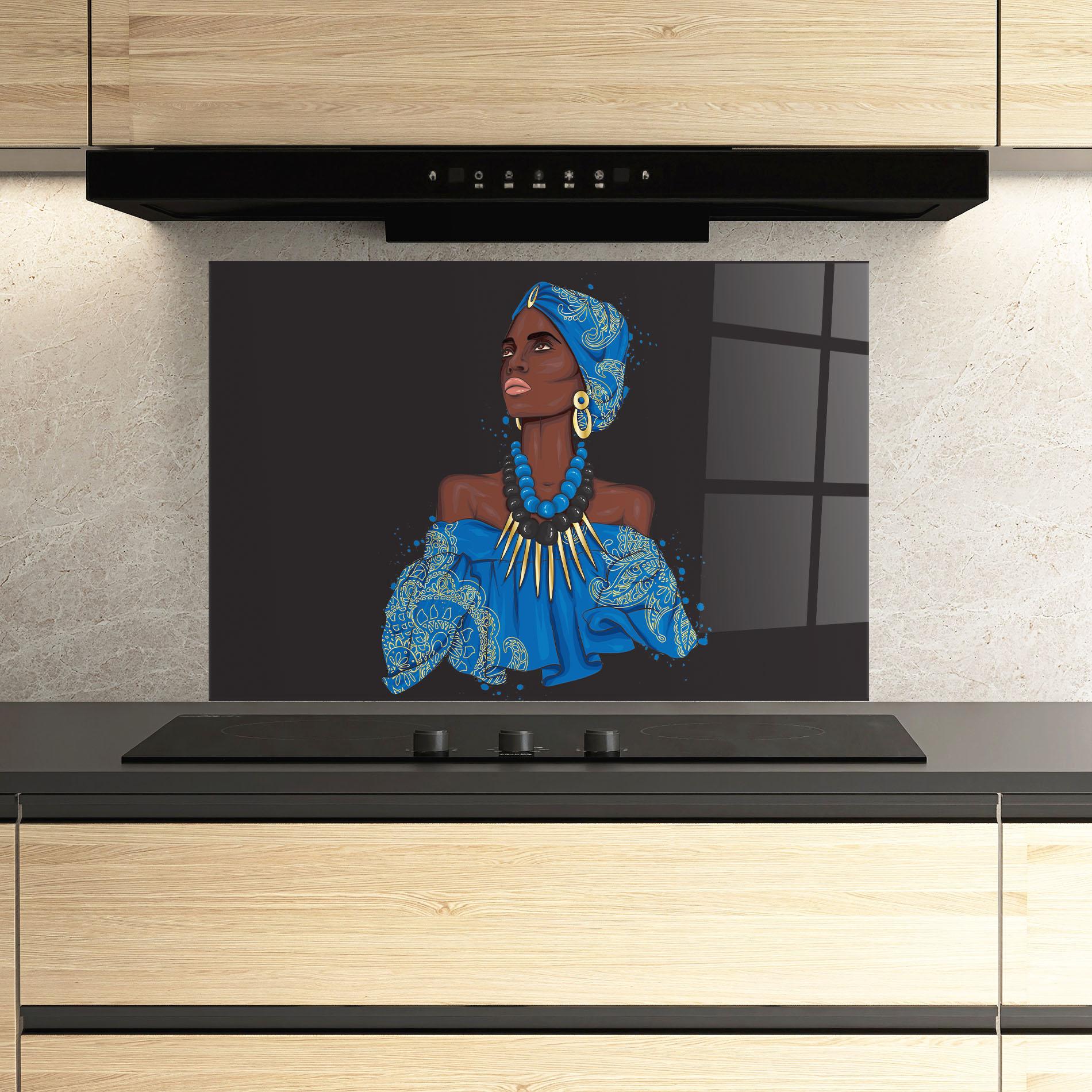 Küchenrückwand Glas Blue African Outfit mockup 3