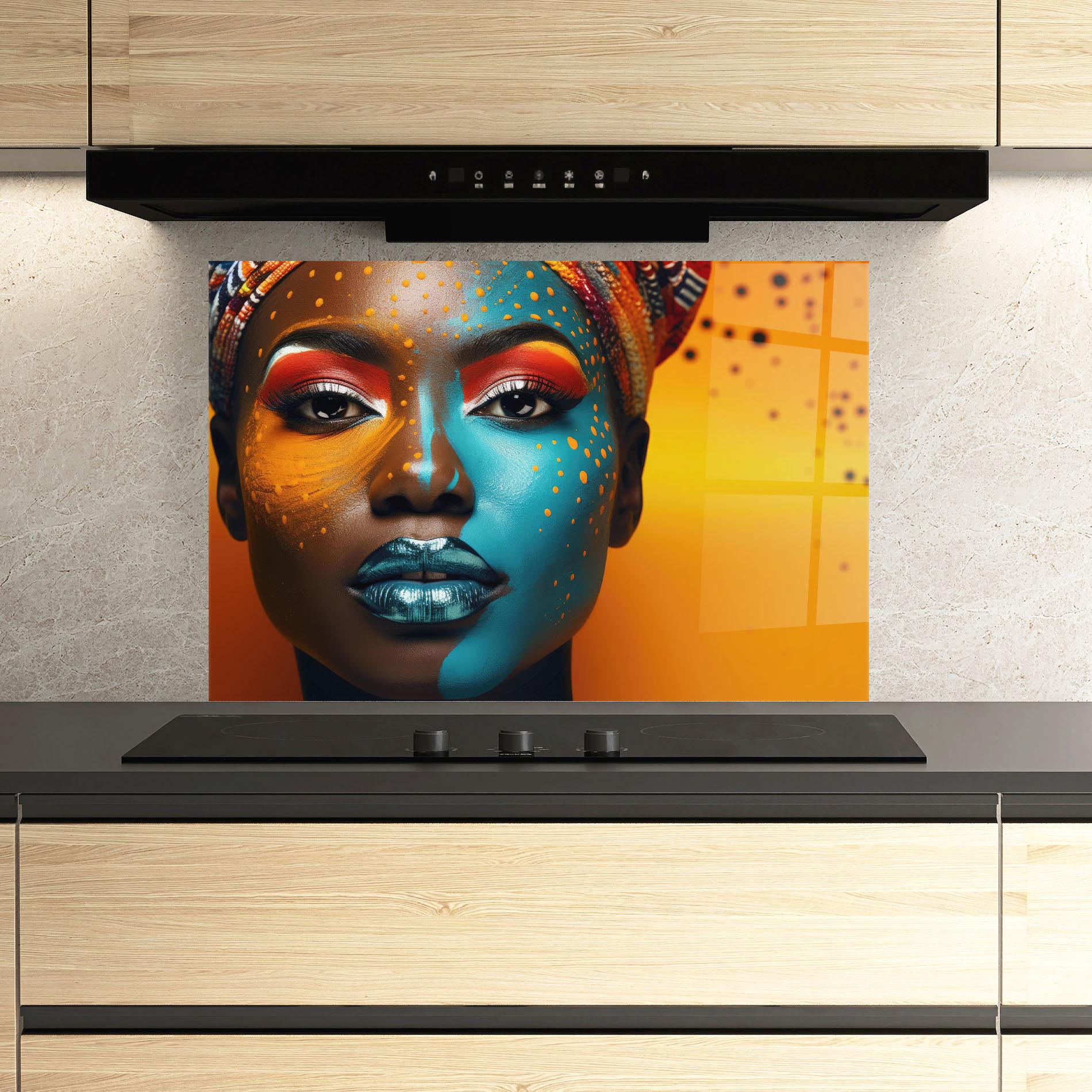 Küchenrückwand Glas Blue Brown Skin Woman mockup 3