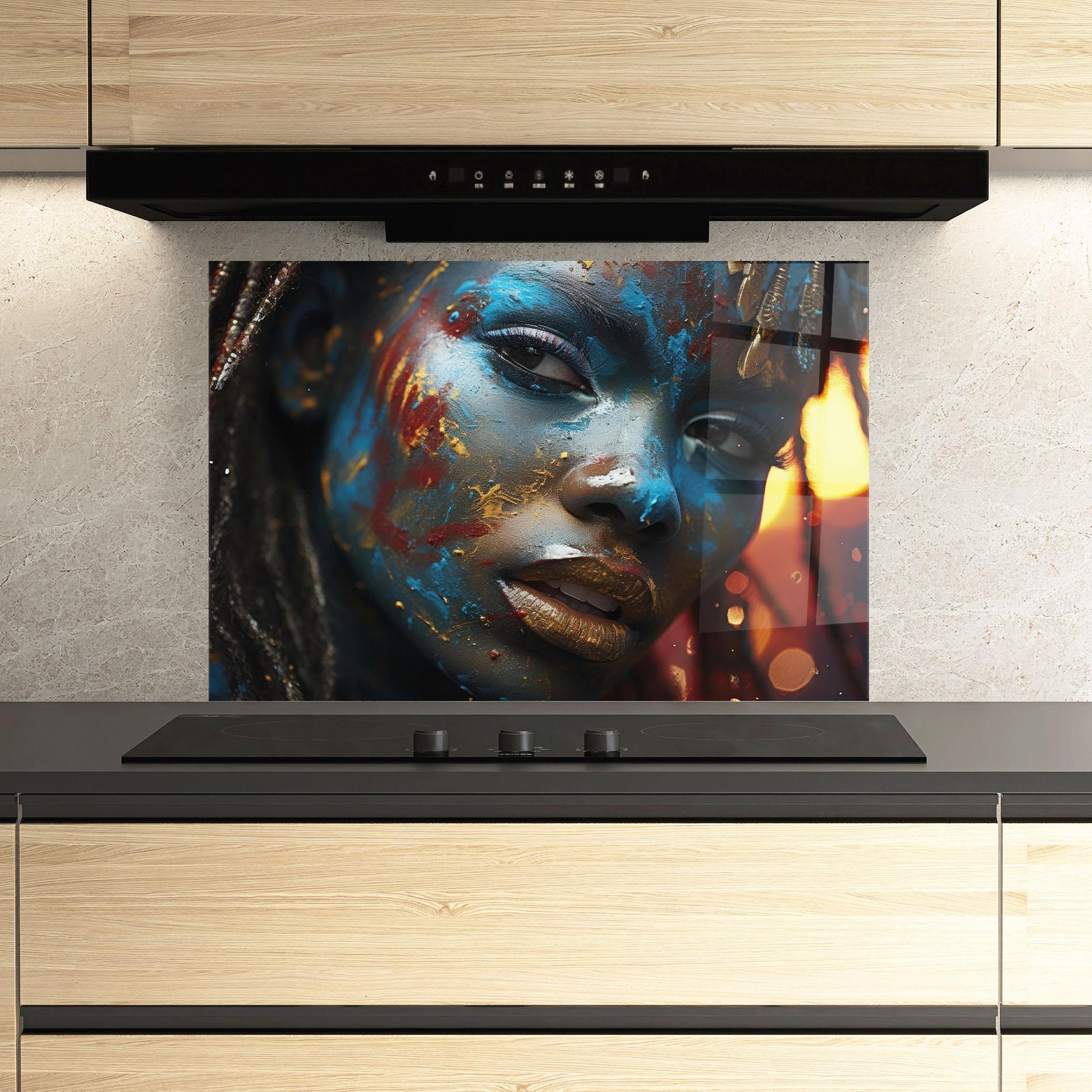 Küchenrückwand Glas Blue Paint Woman mockup 3