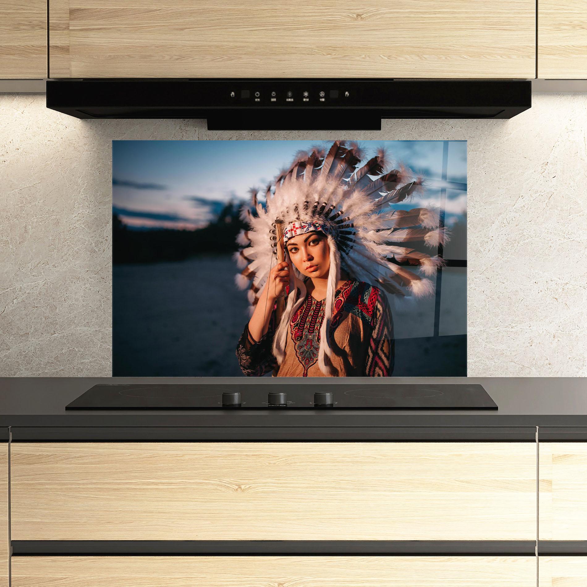 Küchenrückwand Glas Indian Woman Sunset mockup 3