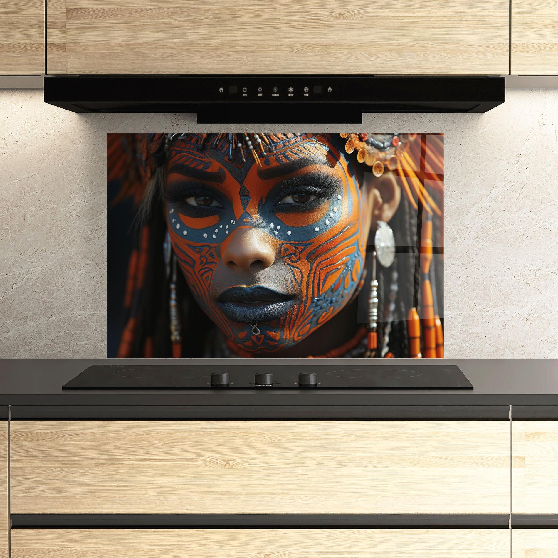 Küchenrückwand Glas Orange Tribal Paint mockup 3