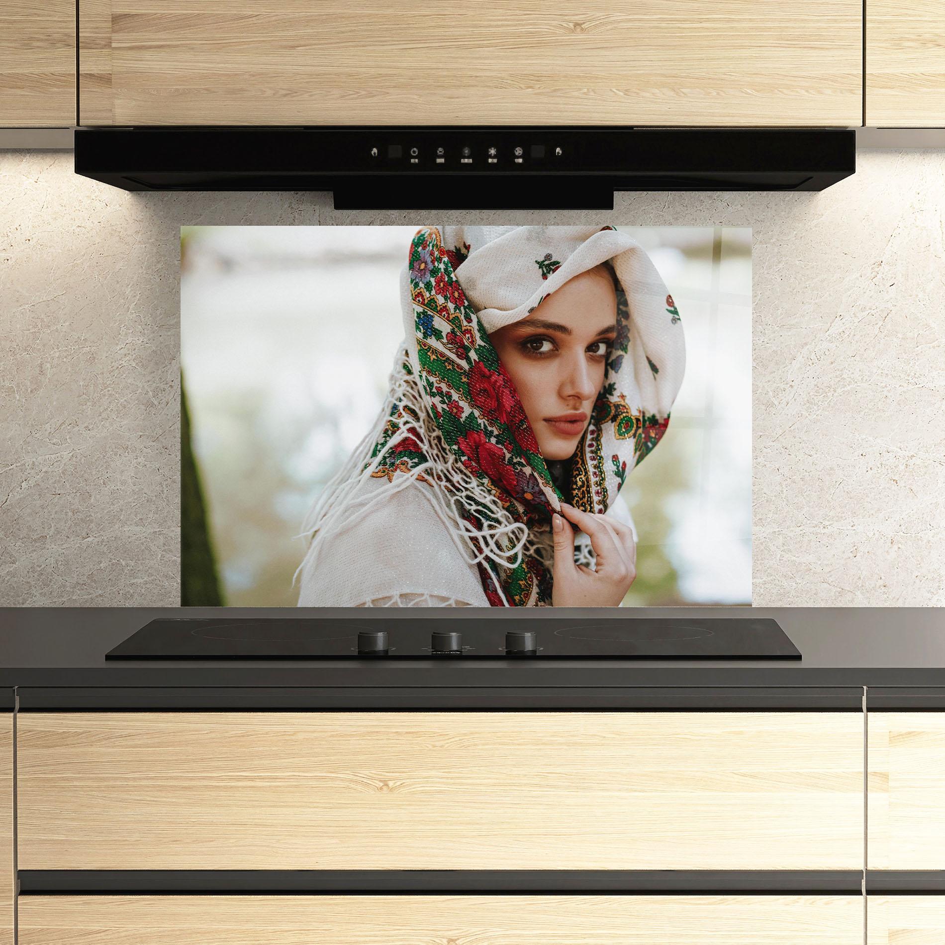 Küchenrückwand Glas Ukrainian Embroidered Dress mockup 3