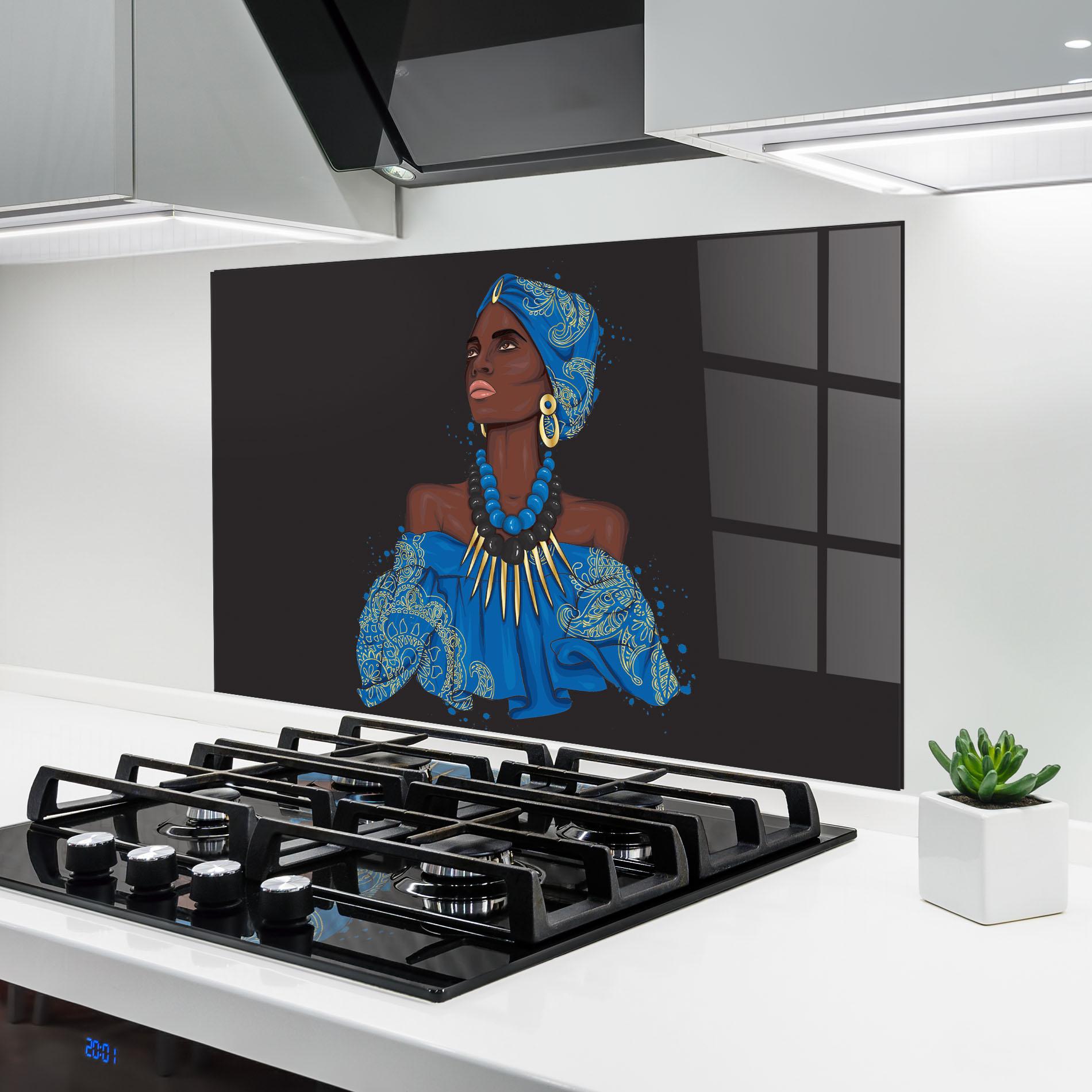 Küchenrückwand Glas Blue African Outfit mockup 6