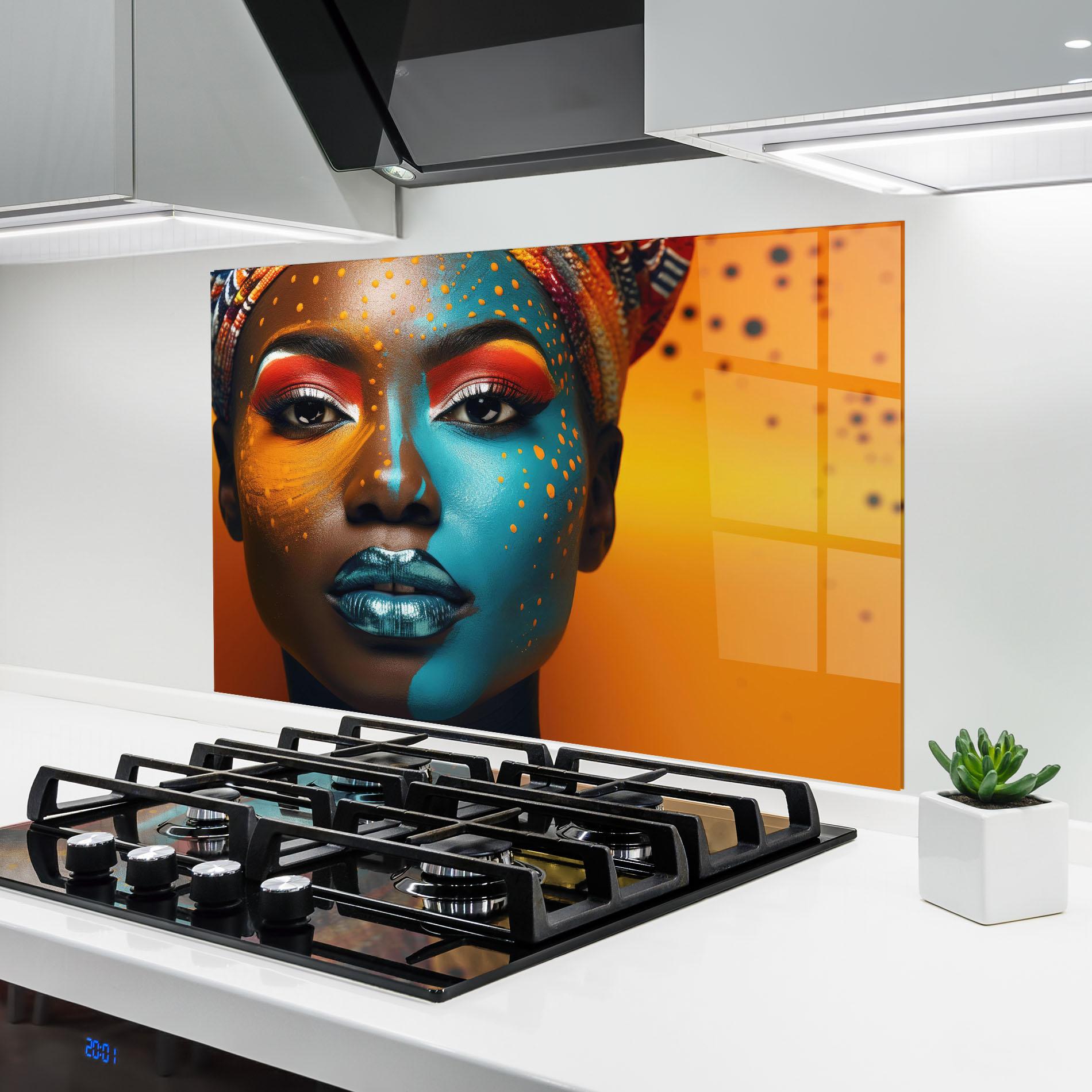 Küchenrückwand Glas Blue Brown Skin Woman mockup 6