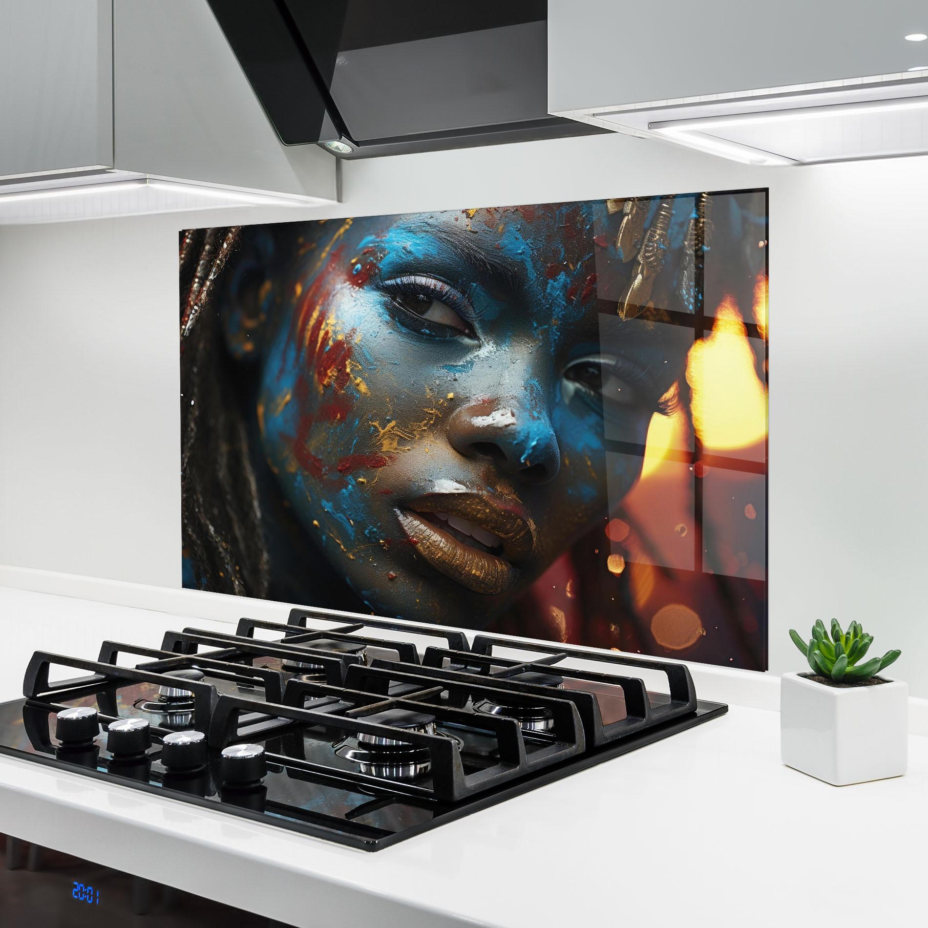 Küchenrückwand Glas Blue Paint Woman mockup 6