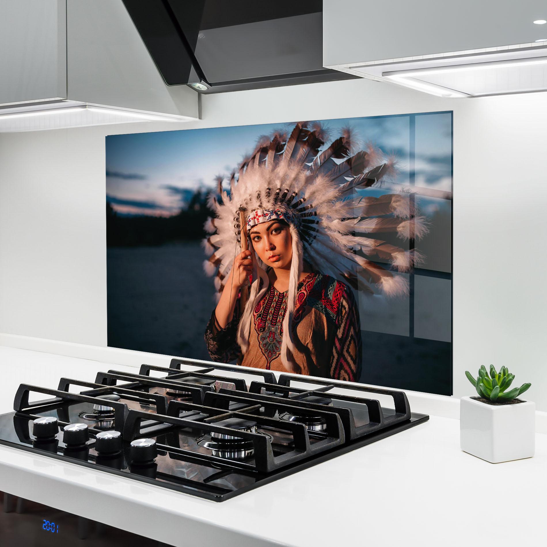 Küchenrückwand Glas Indian Woman Sunset mockup 6