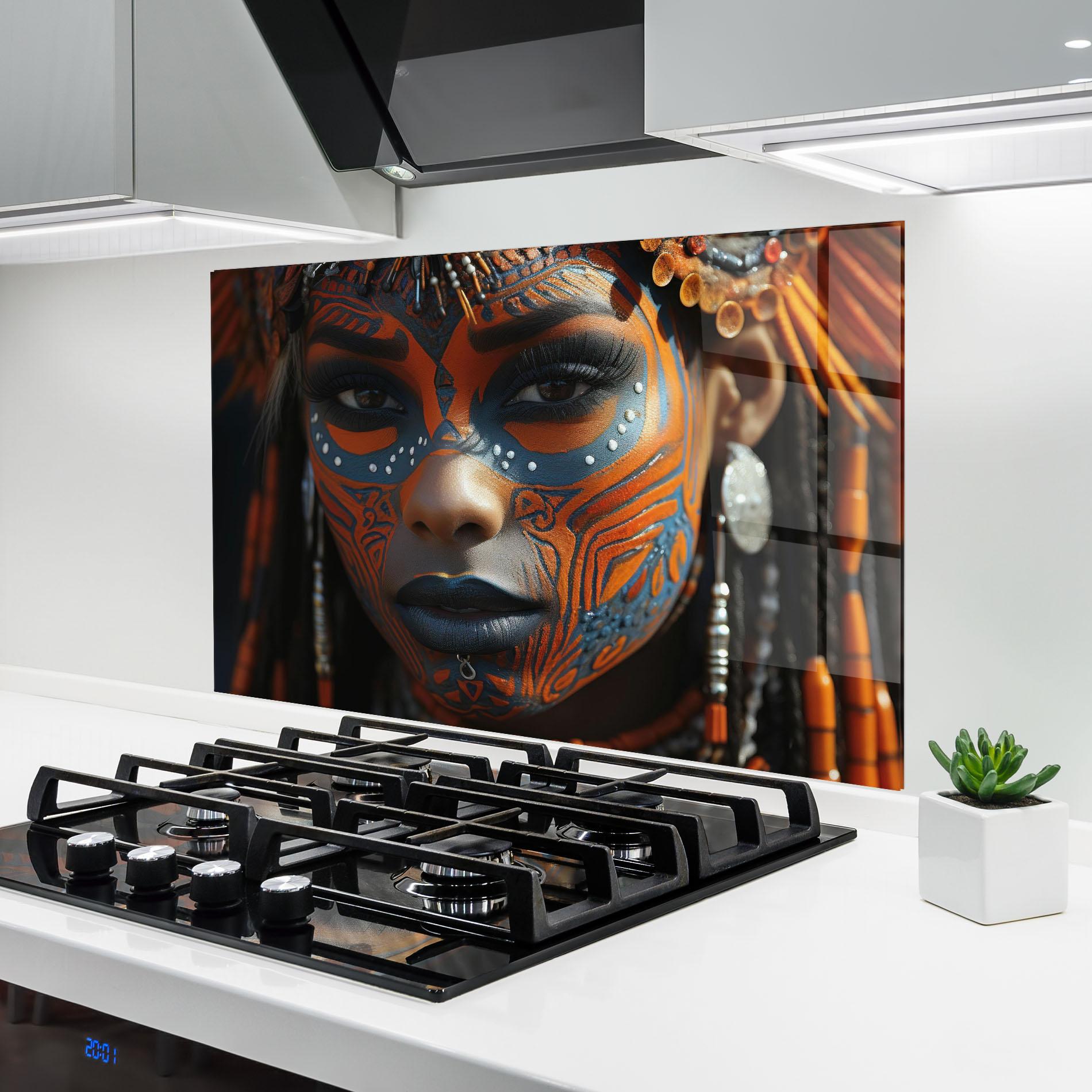Küchenrückwand Glas Orange Tribal Paint mockup 6