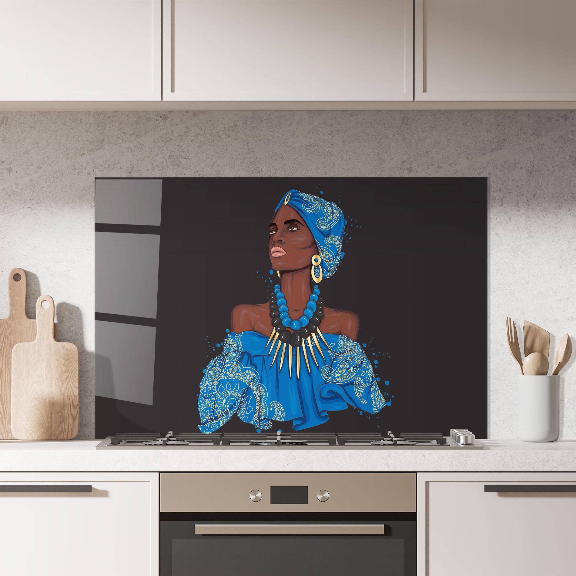 Küchenrückwand Glas Blue African Outfit mockup 7