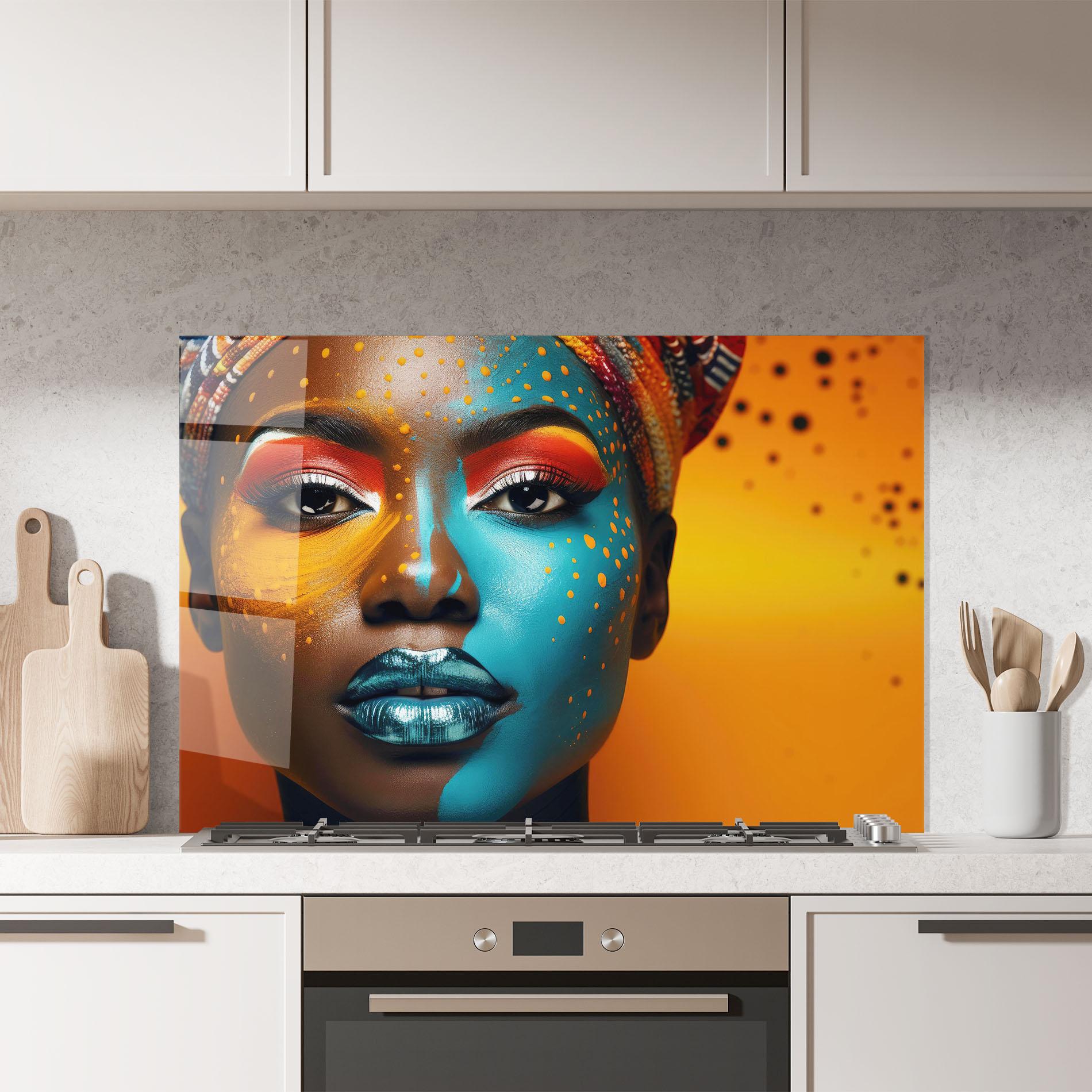 Küchenrückwand Glas Blue Brown Skin Woman mockup 7