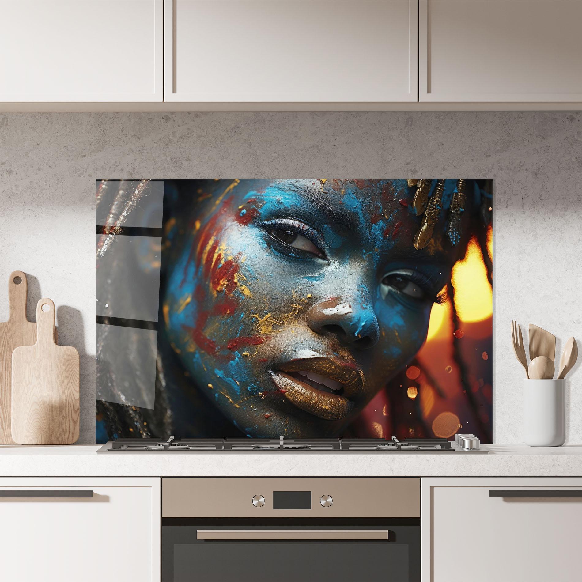 Küchenrückwand Glas Blue Paint Woman mockup 7