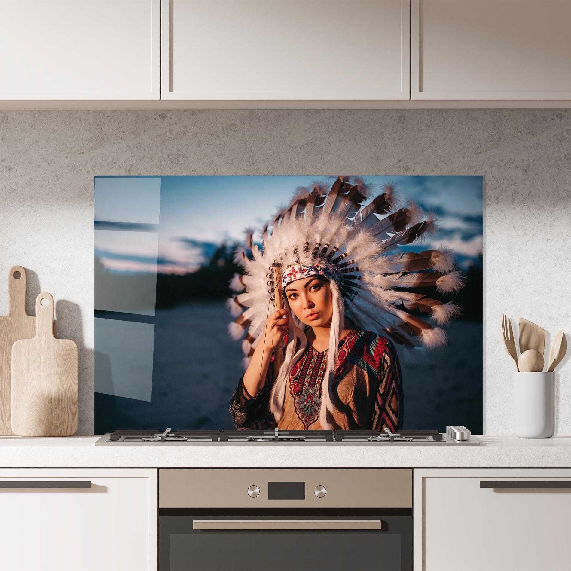 Küchenrückwand Glas Indian Woman Sunset mockup 7