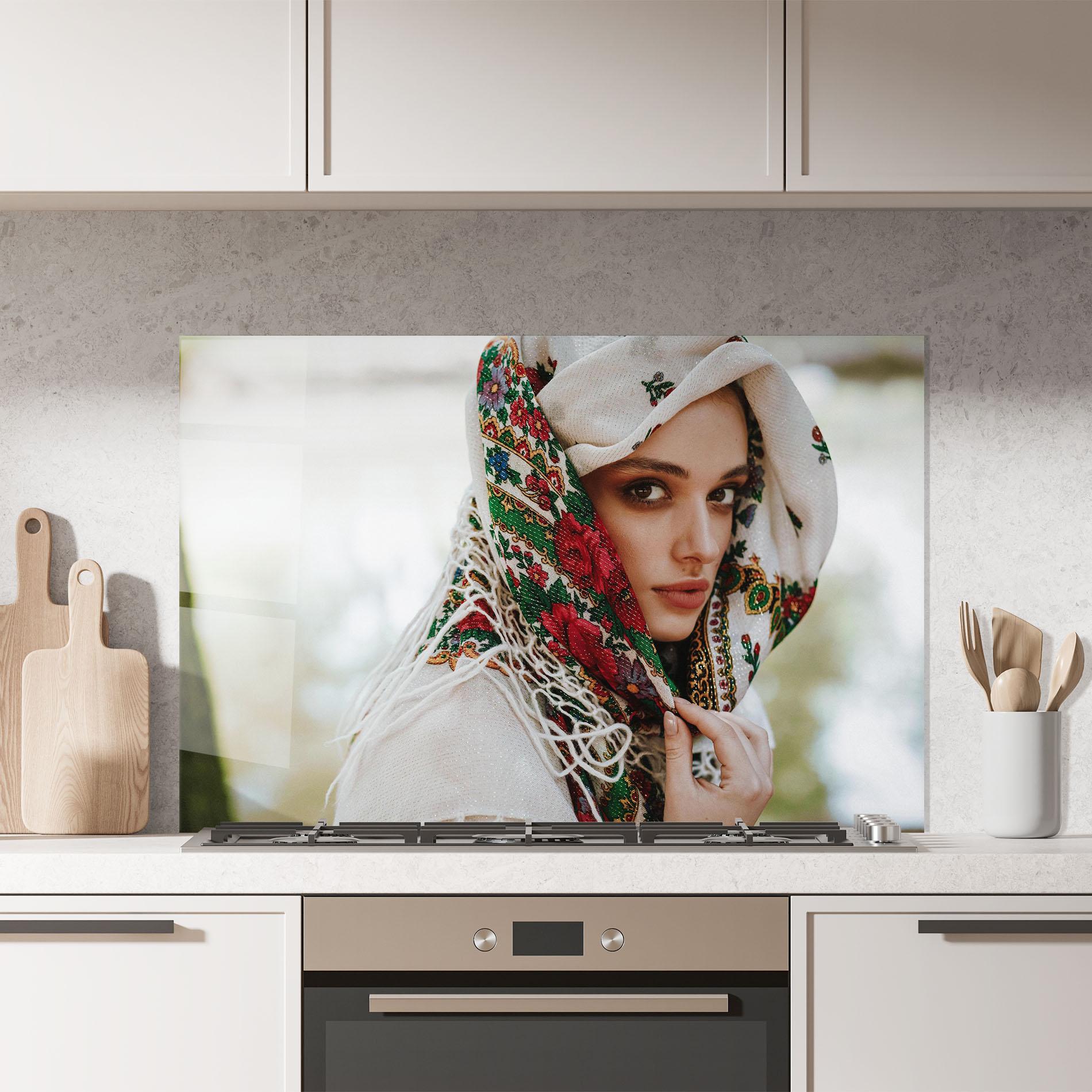 Küchenrückwand Glas Ukrainian Embroidered Dress mockup 7
