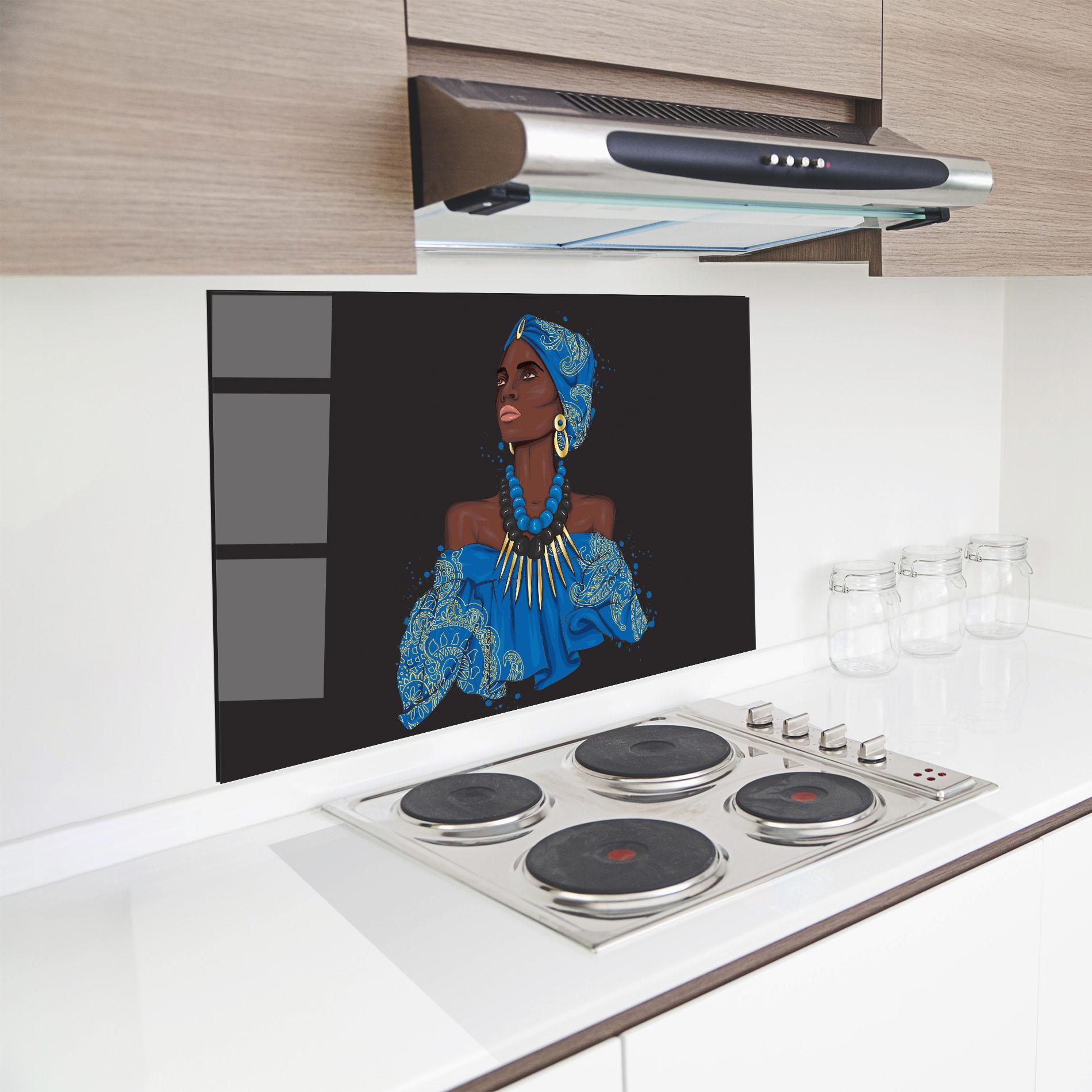 Küchenrückwand Glas Blue African Outfit mockup 8