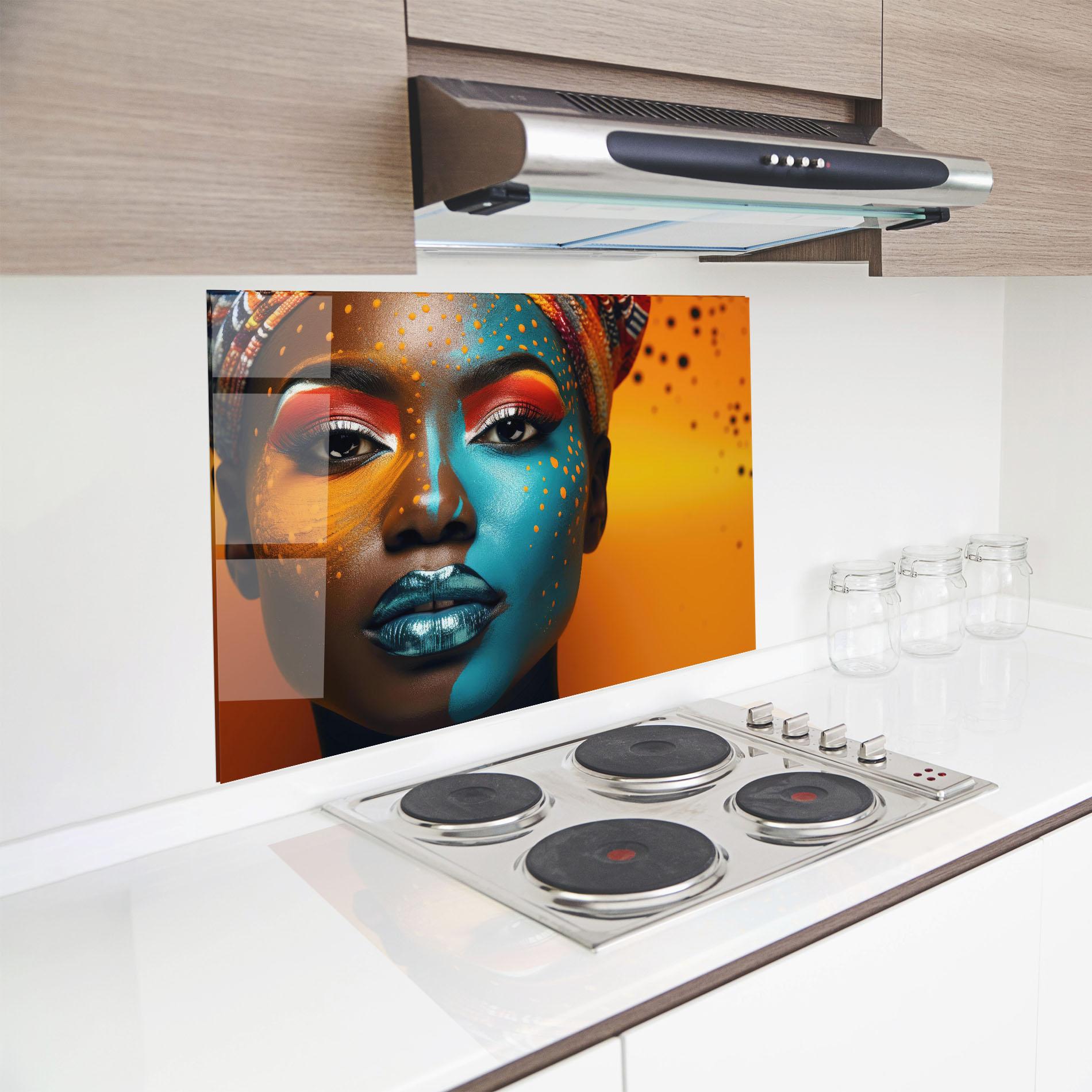 Küchenrückwand Glas Blue Brown Skin Woman mockup 8