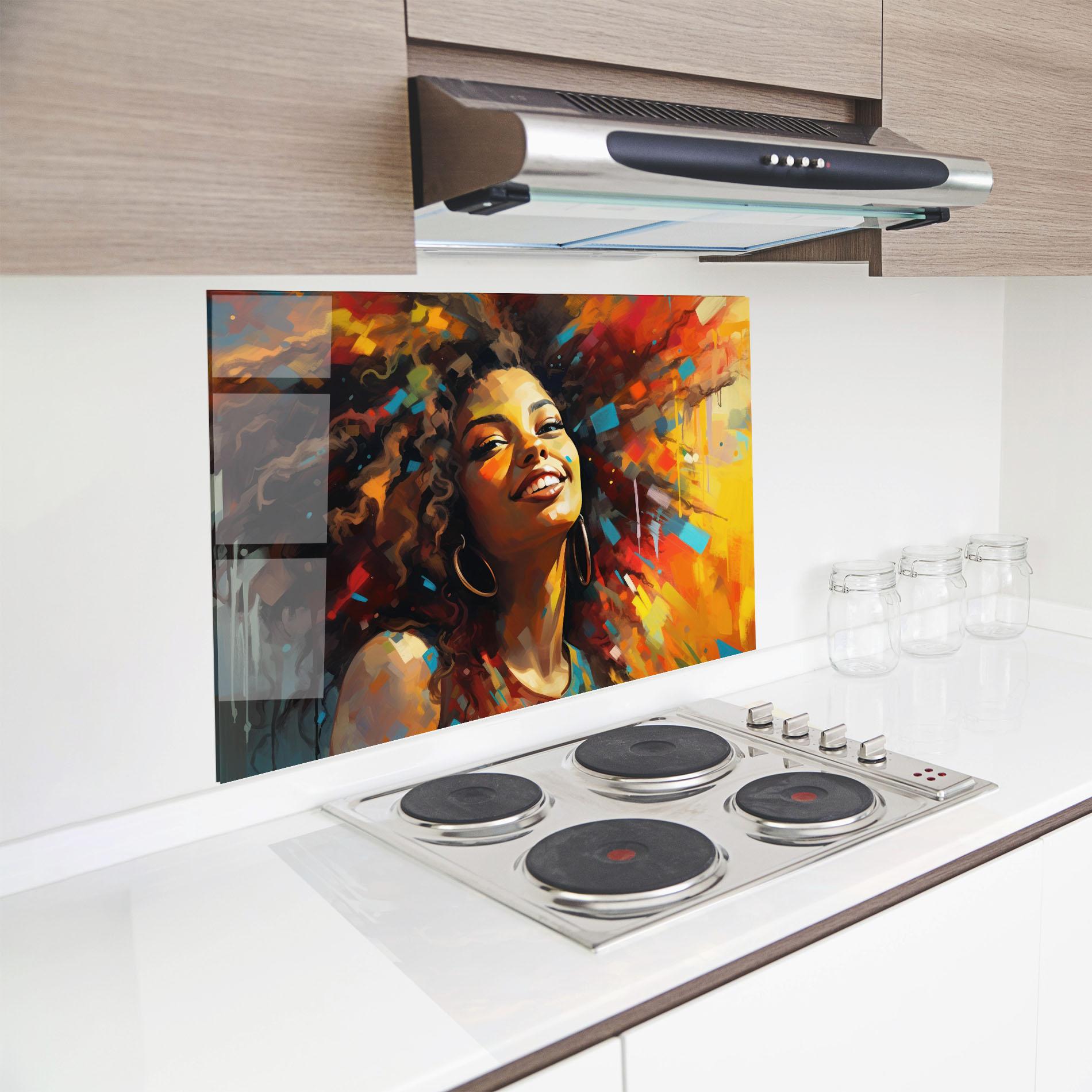 Küchenrückwand Glas Cheerful African Woman mockup 8