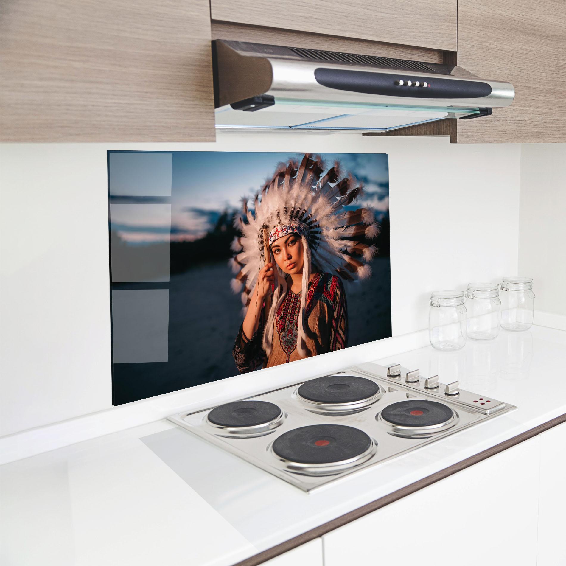 Küchenrückwand Glas Indian Woman Sunset mockup 8