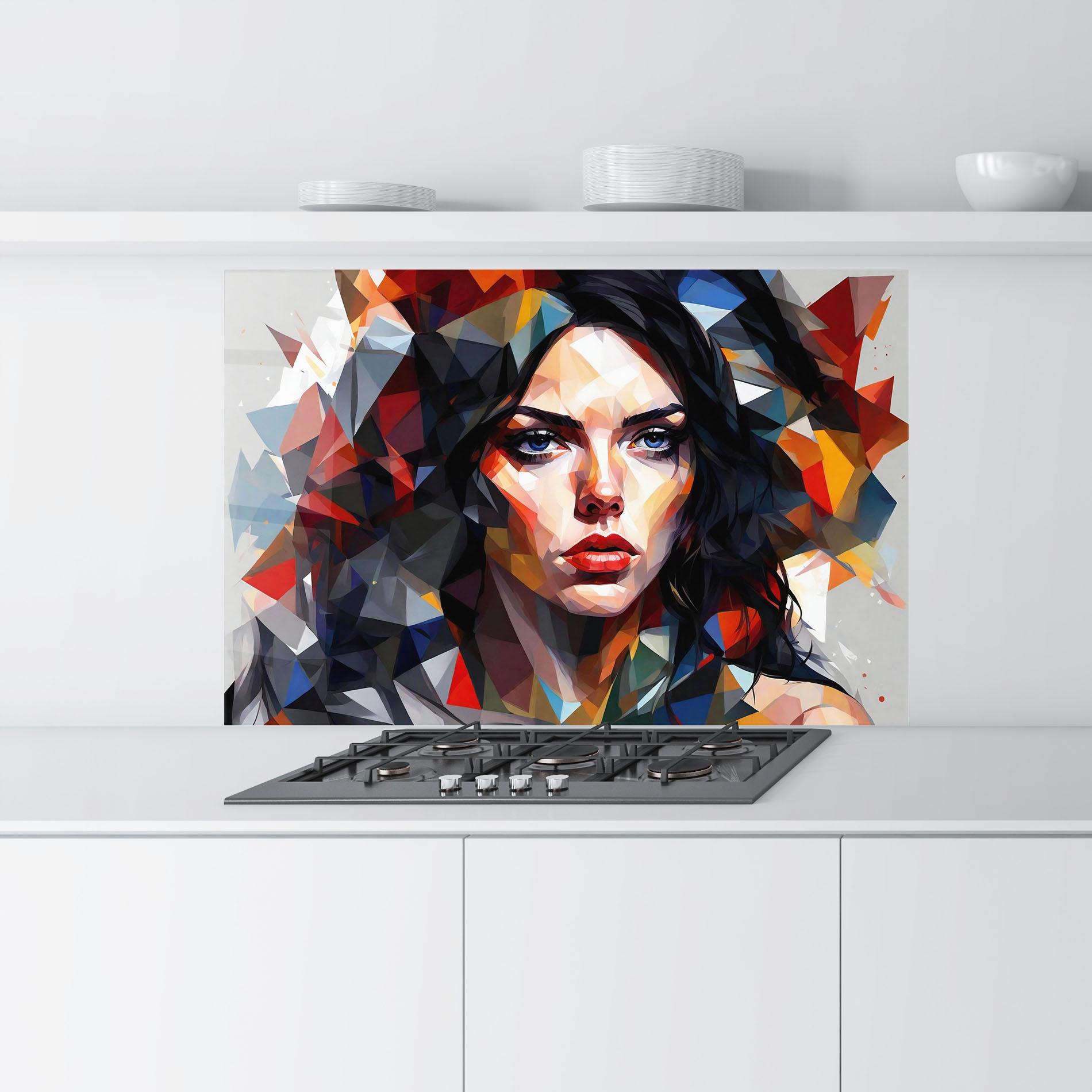 Küchenrückwand Glas Colorful Polygonal Woman mockup 9