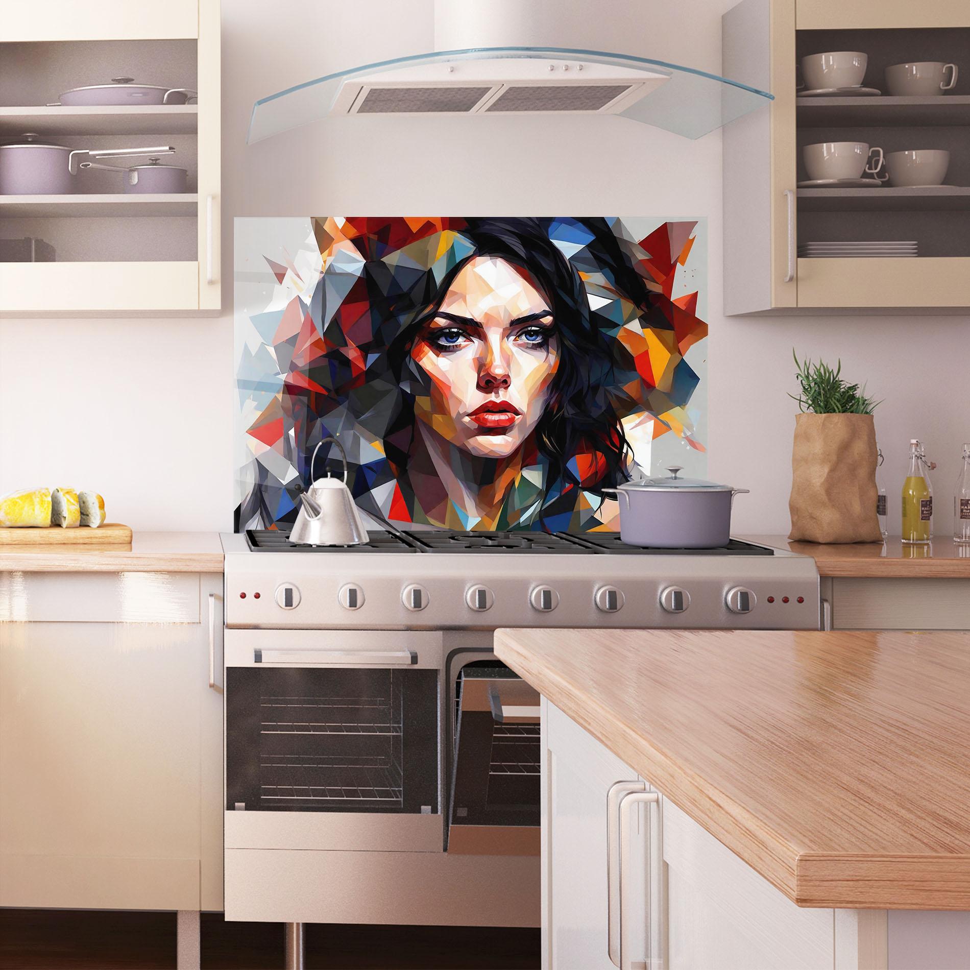 Küchenrückwand Glas Colorful Polygonal Woman mockup 1