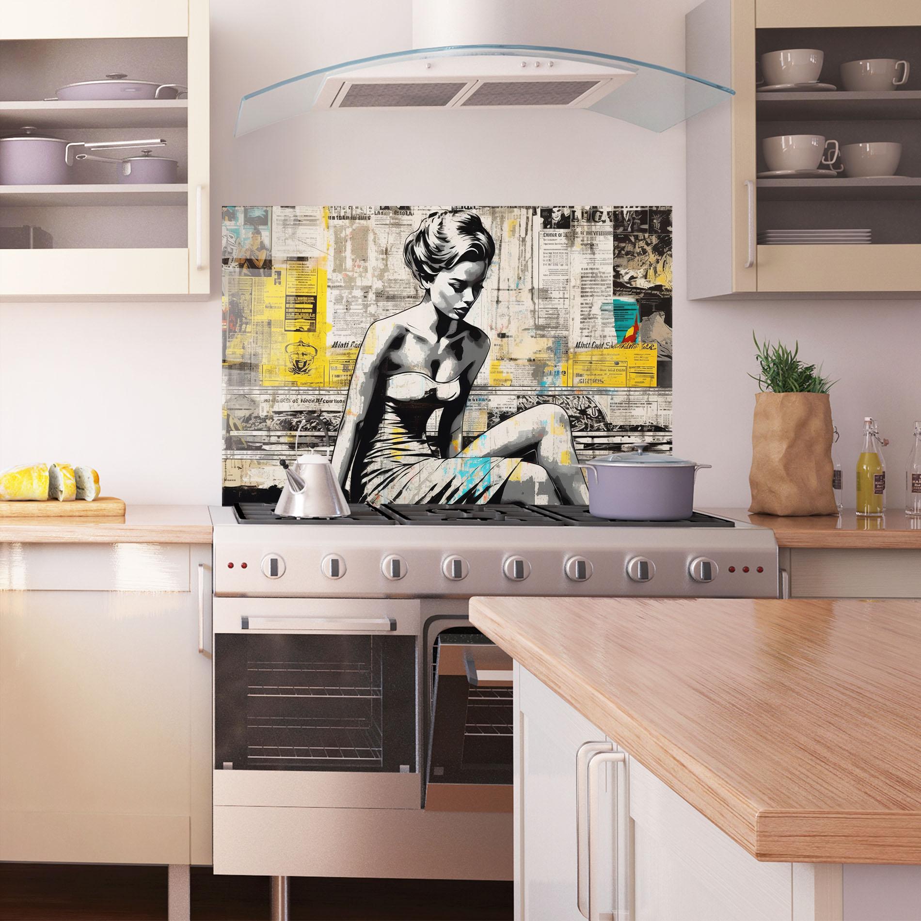 Küchenrückwand Glas Newspaper Painting Girl mockup 1