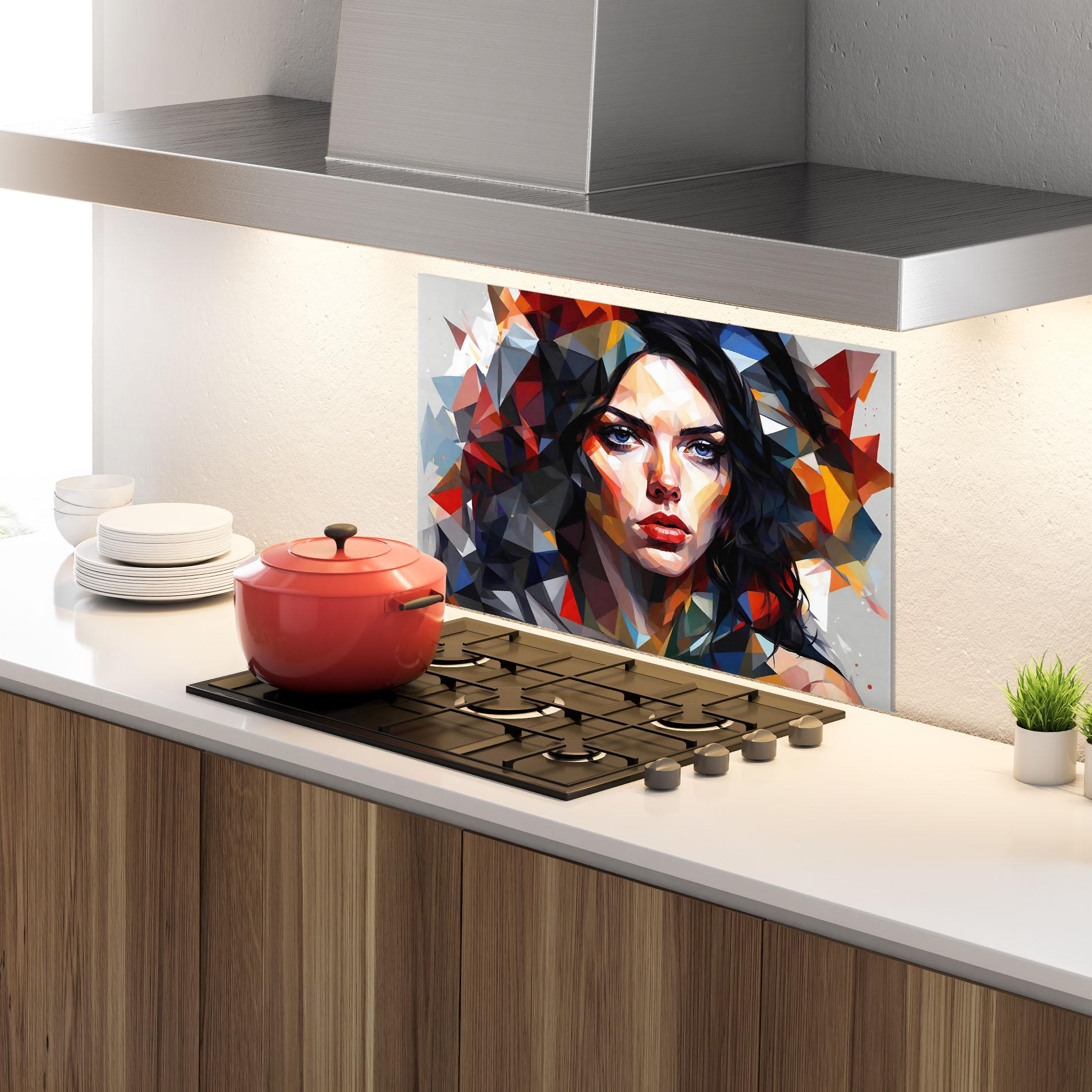 Küchenrückwand Glas Colorful Polygonal Woman mockup 4
