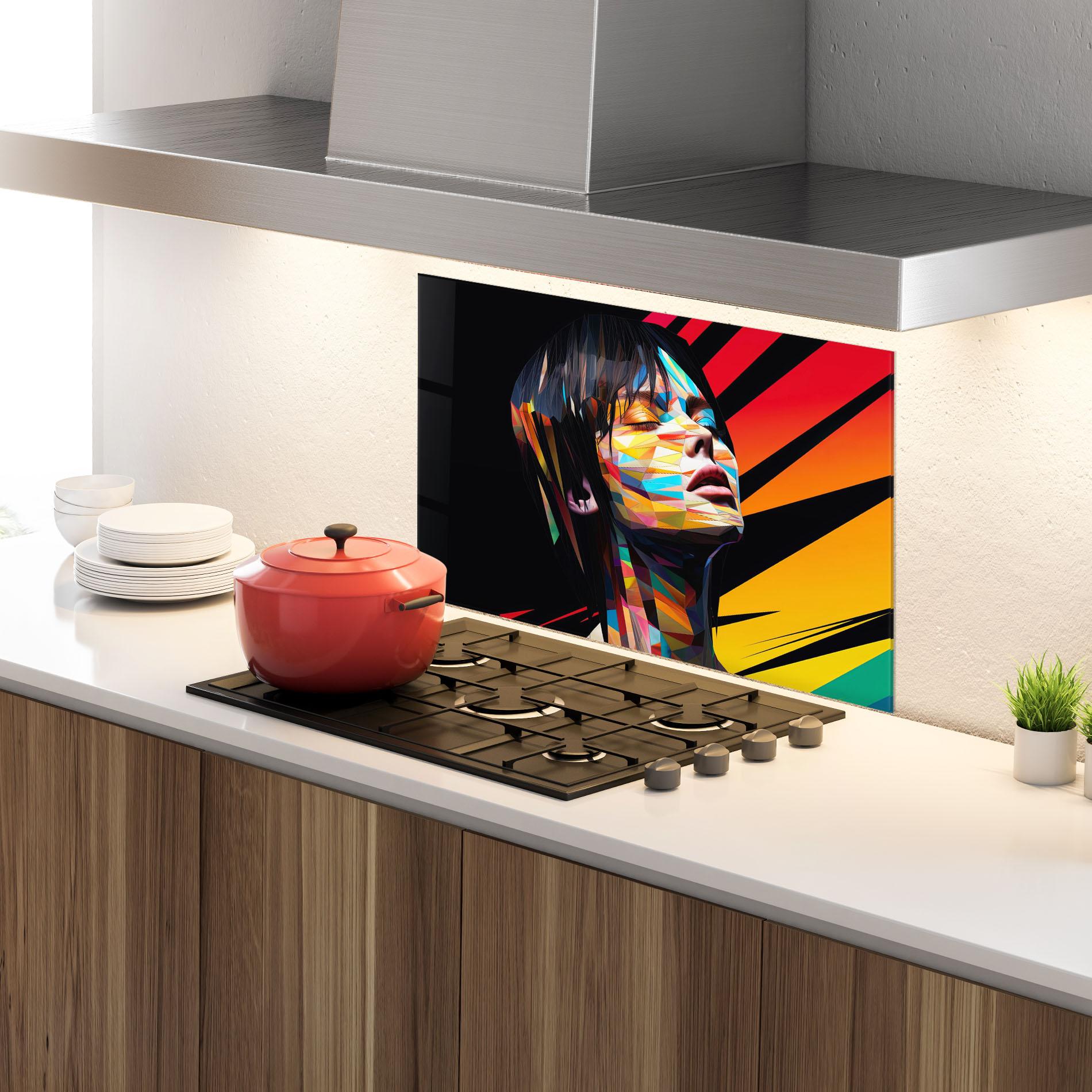 Küchenrückwand Glas Glitchy Woman mockup 4