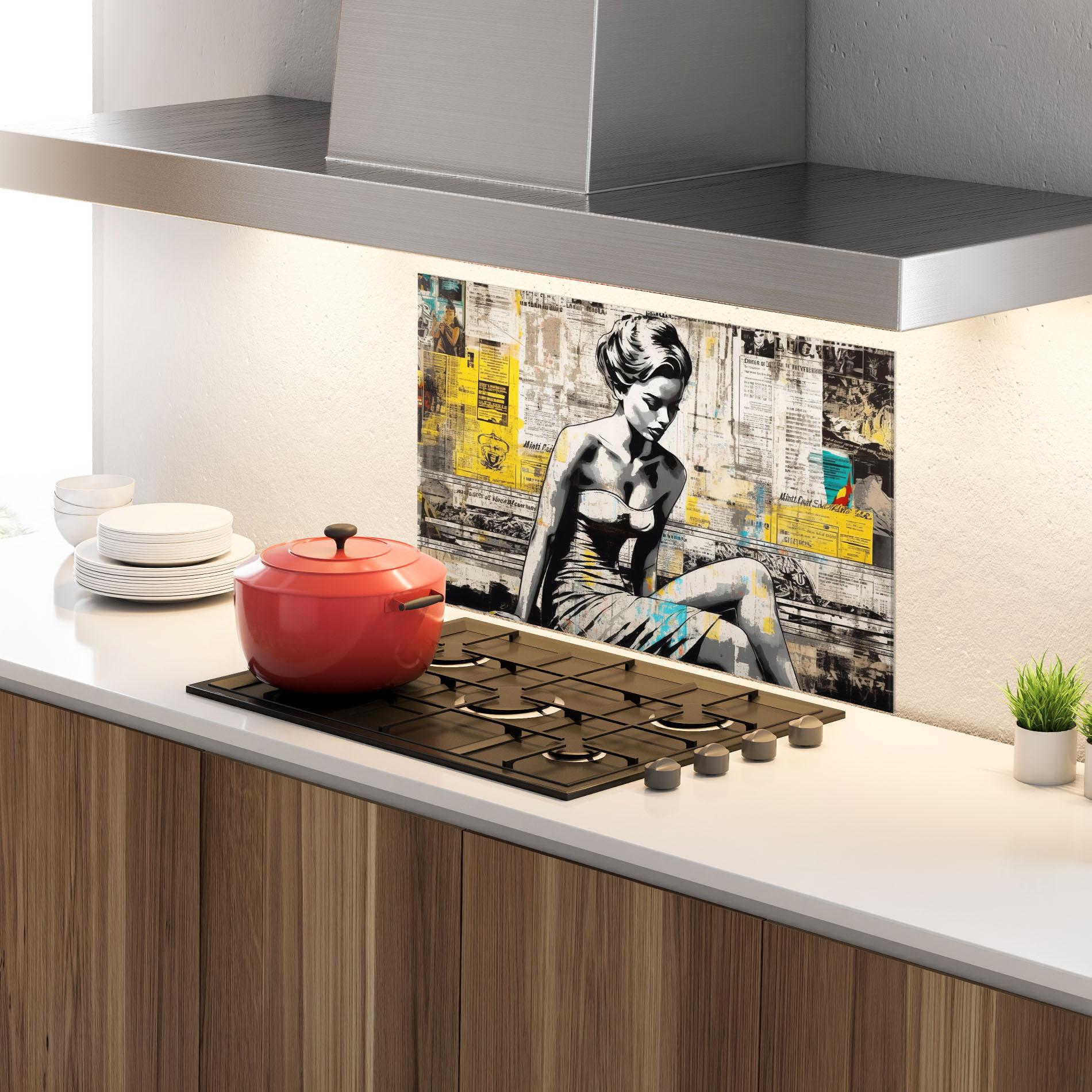 Küchenrückwand Glas Newspaper Painting Girl mockup 4