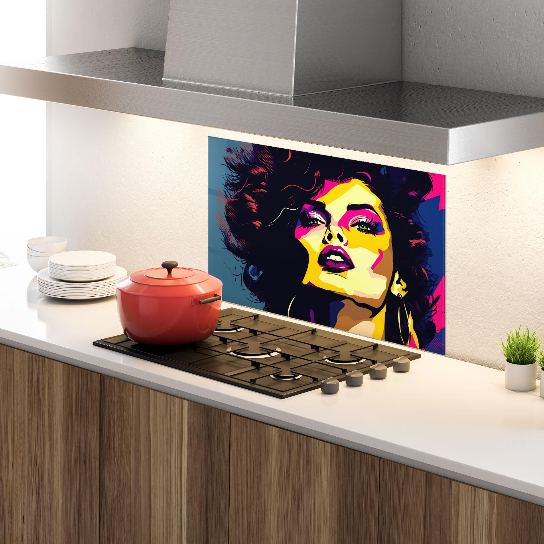 Küchenrückwand Glas Pop Art Portrait Woman mockup 4