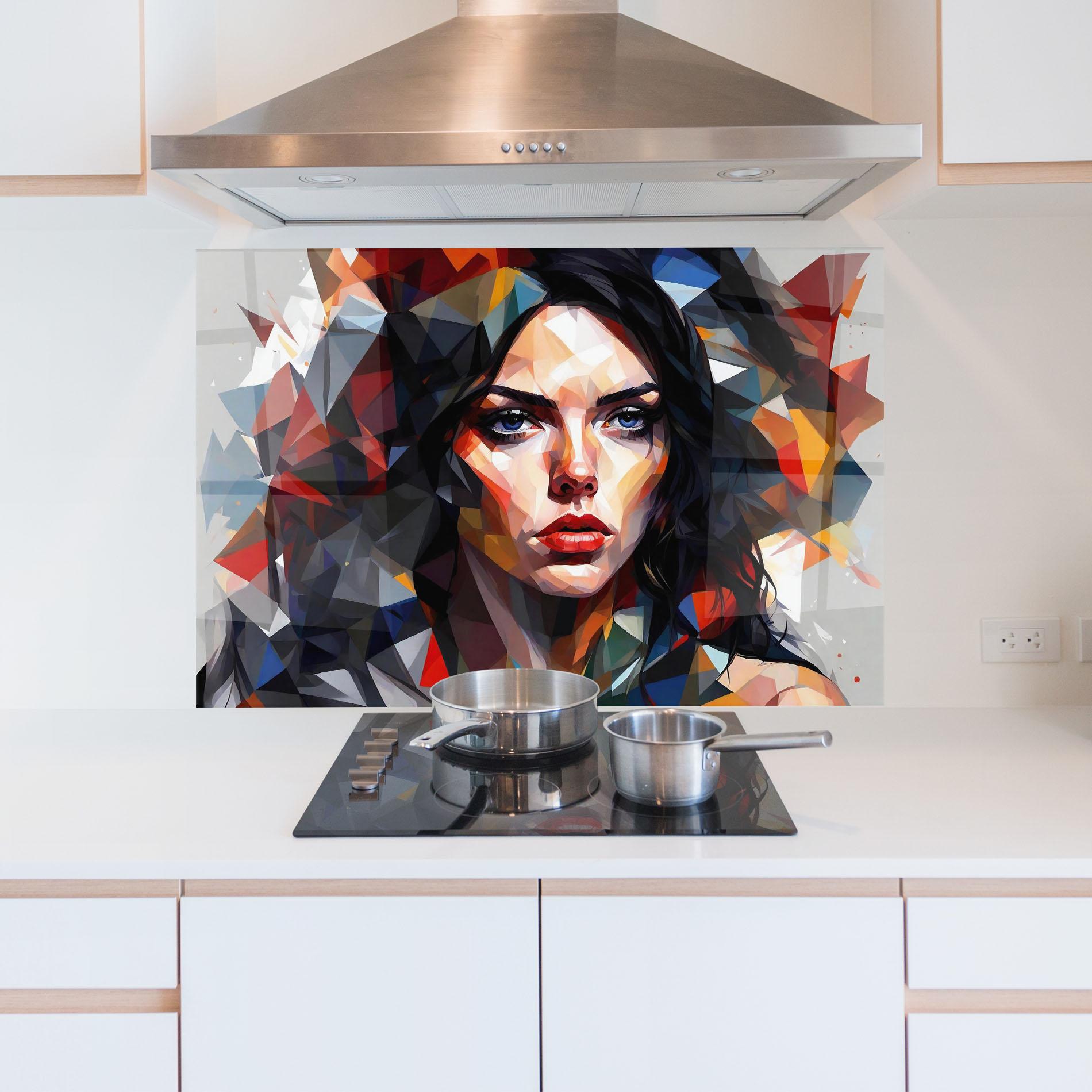 Küchenrückwand Glas Colorful Polygonal Woman mockup 5
