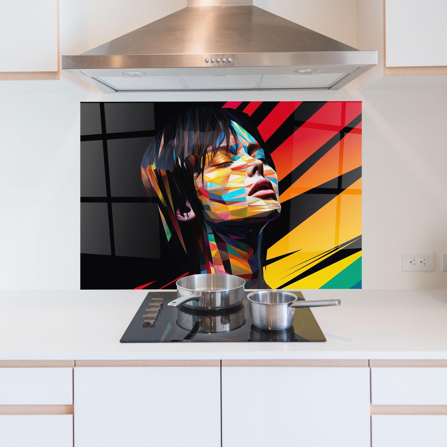 Küchenrückwand Glas Glitchy Woman mockup 5