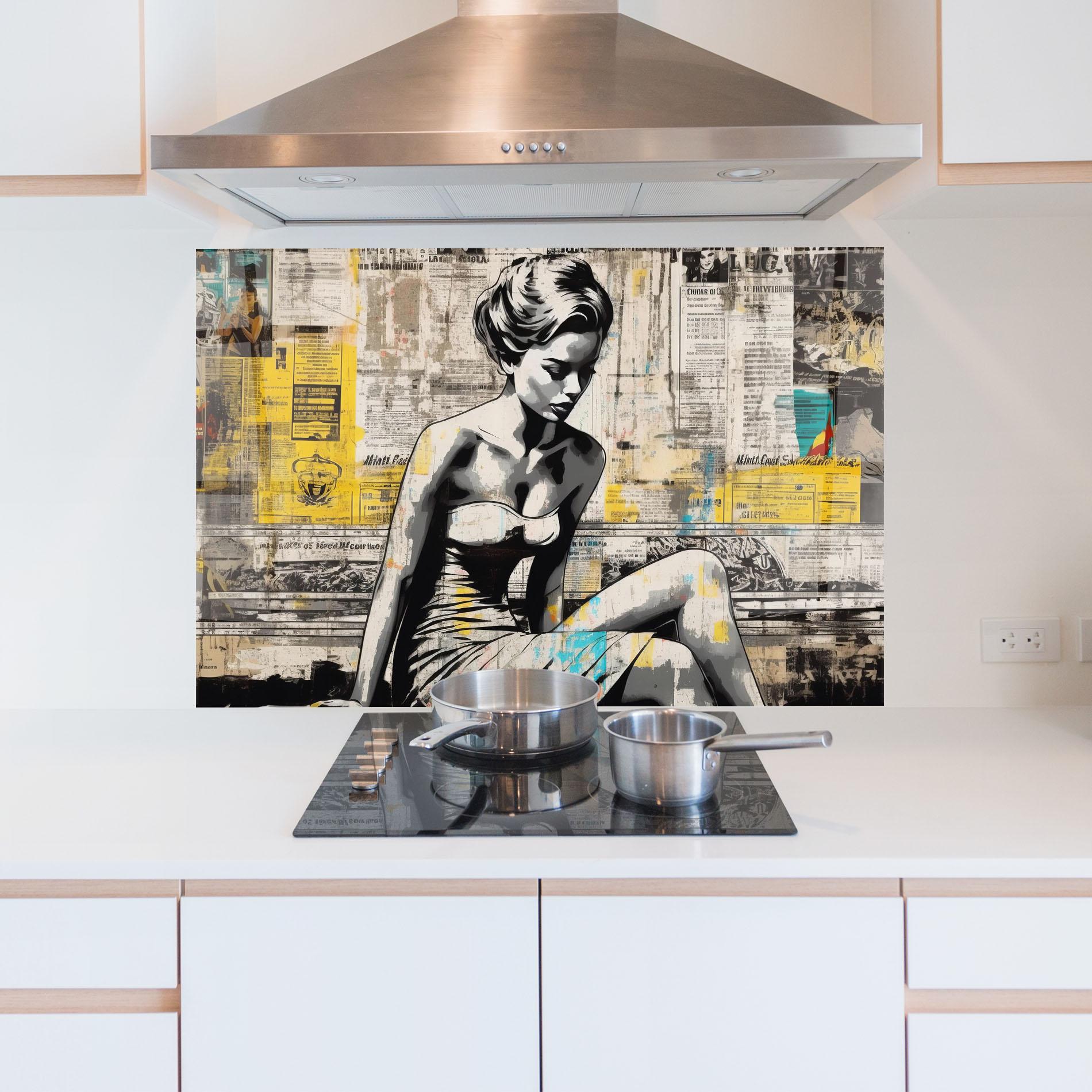 Küchenrückwand Glas Newspaper Painting Girl mockup 5