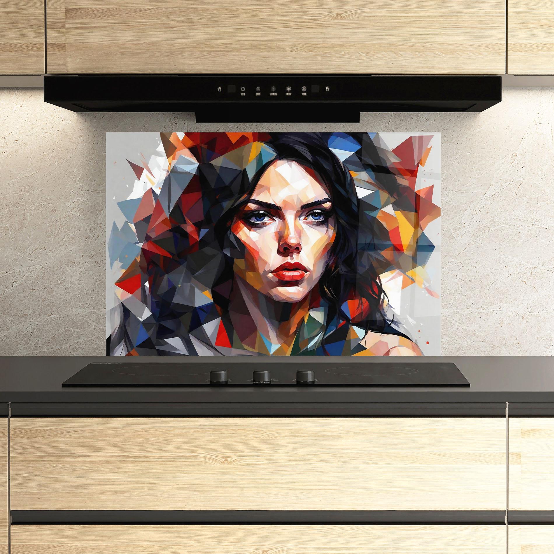 Küchenrückwand Glas Colorful Polygonal Woman mockup 3