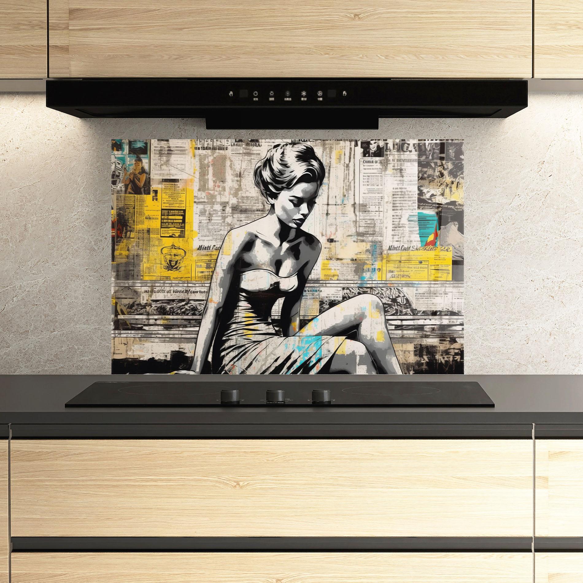 Küchenrückwand Glas Newspaper Painting Girl mockup 3