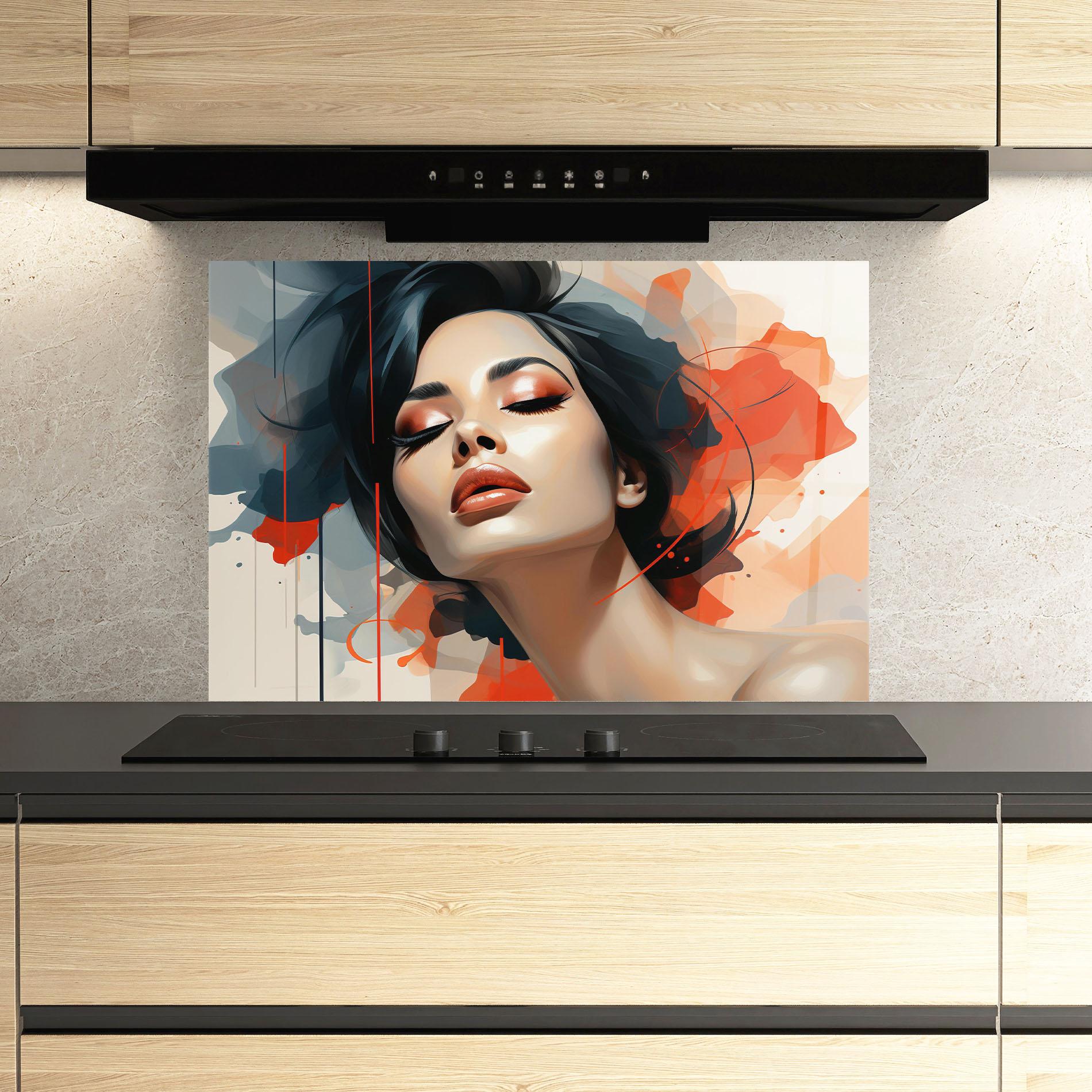 Küchenrückwand Glas Pretty Woman On Red mockup 3