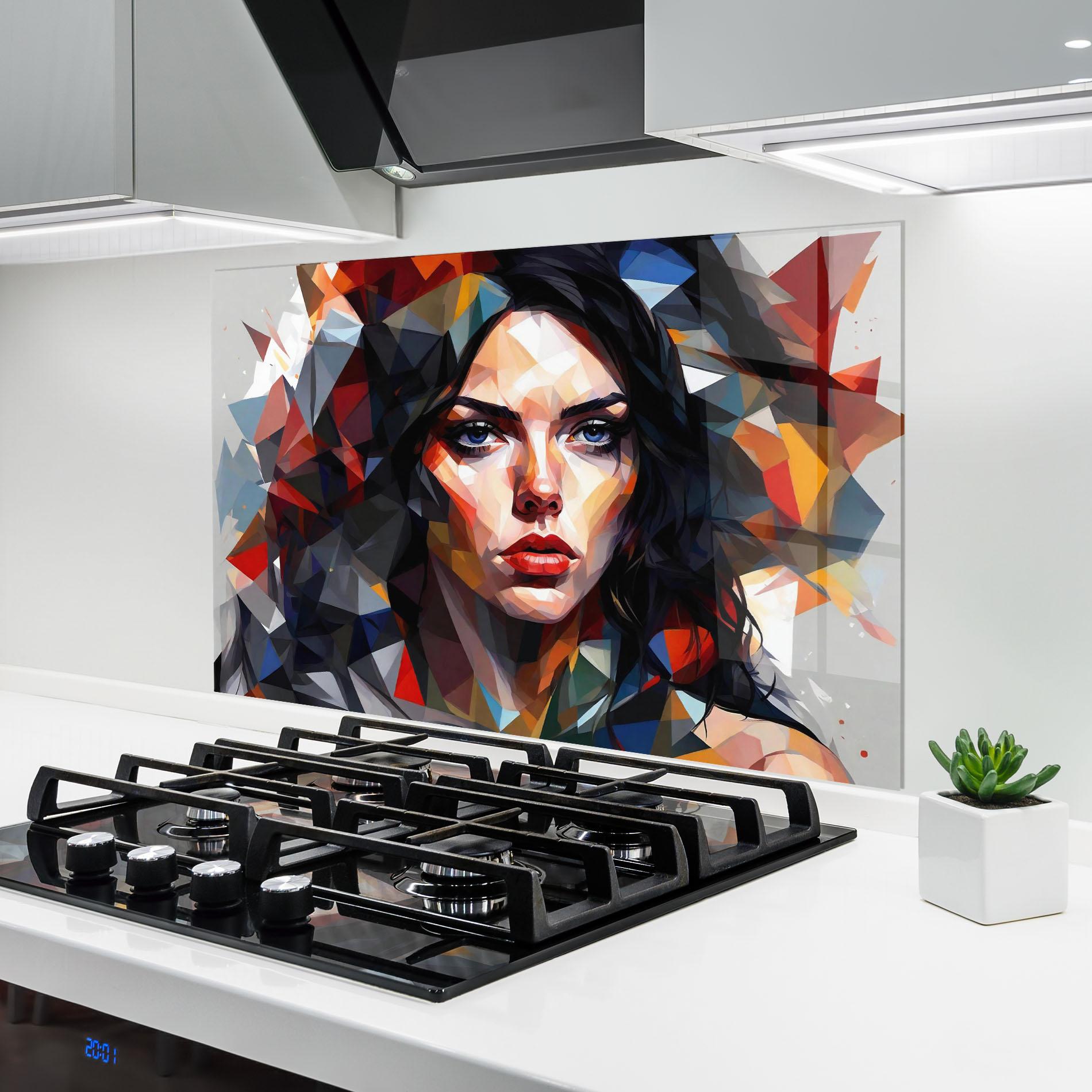 Küchenrückwand Glas Colorful Polygonal Woman mockup 6