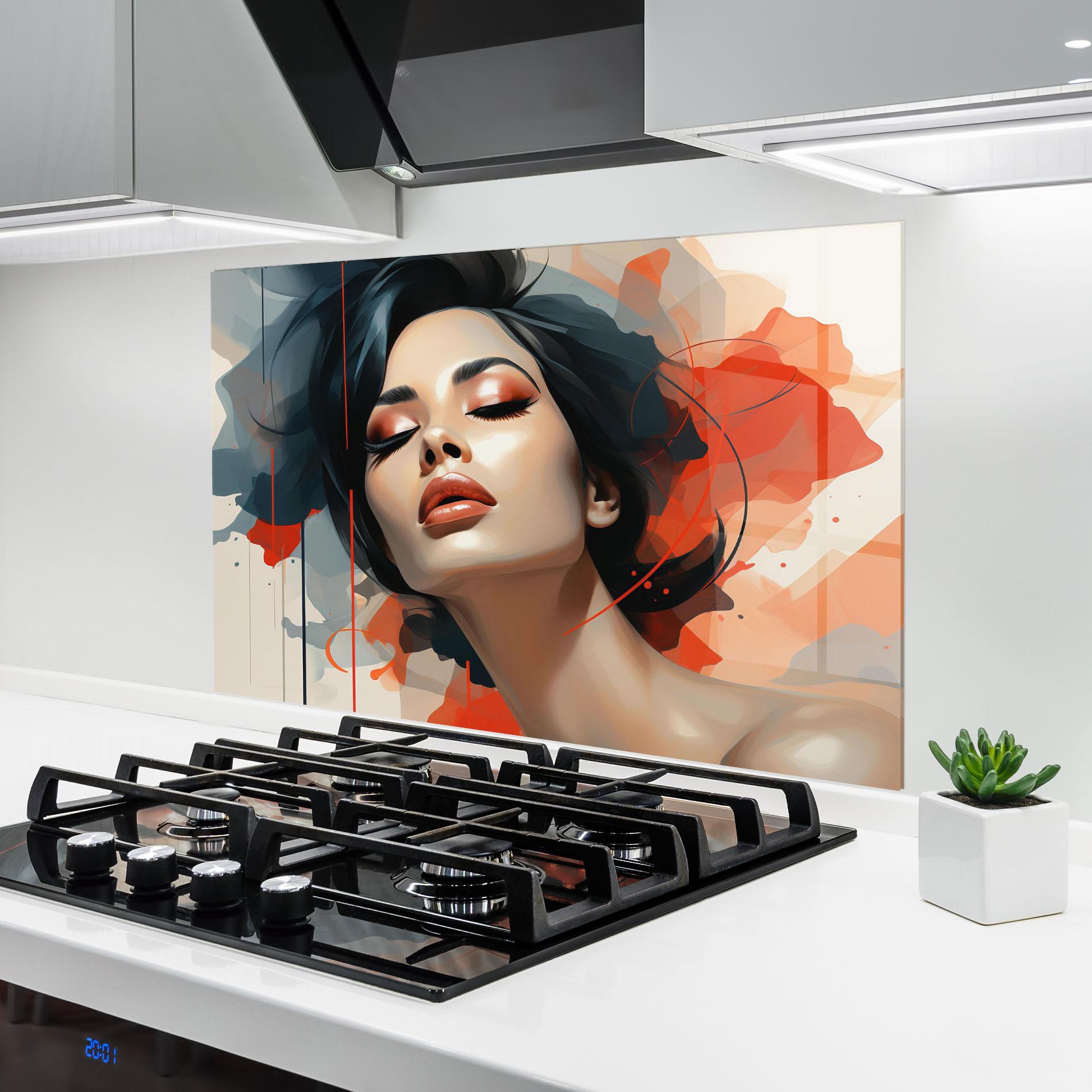 Küchenrückwand Glas Pretty Woman On Red mockup 6