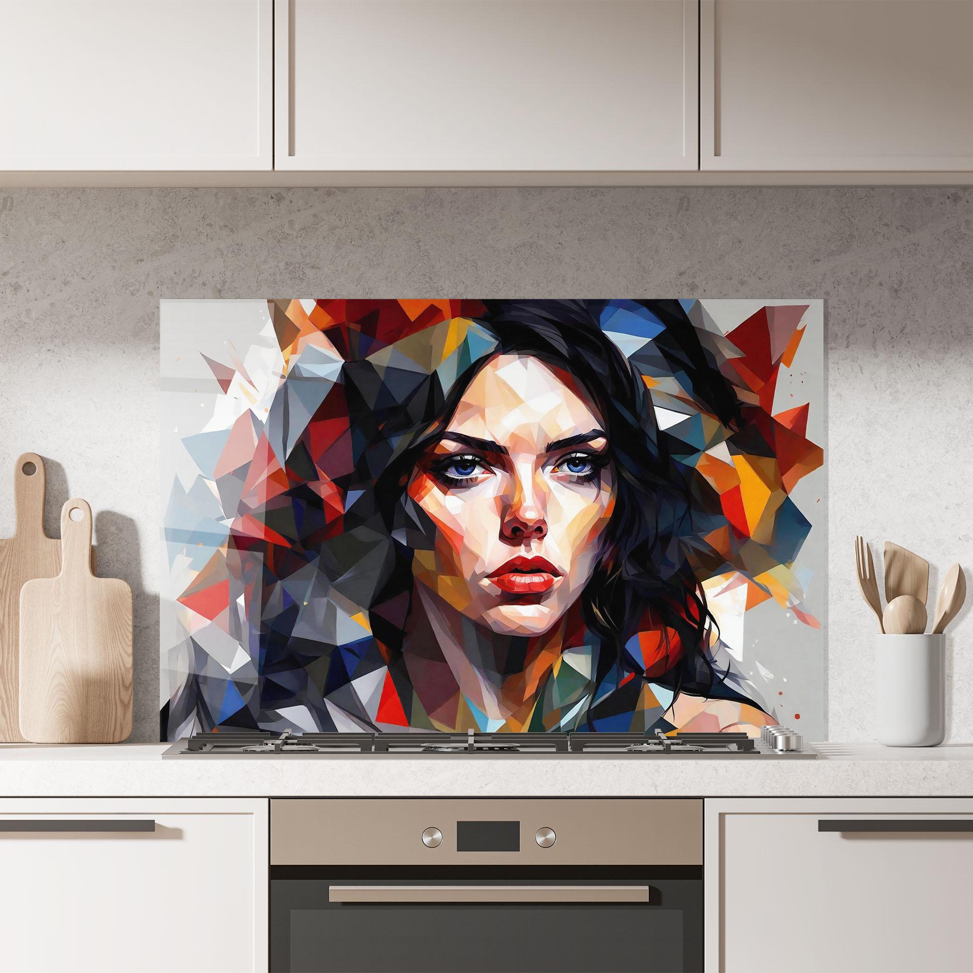 Küchenrückwand Glas Colorful Polygonal Woman mockup 7