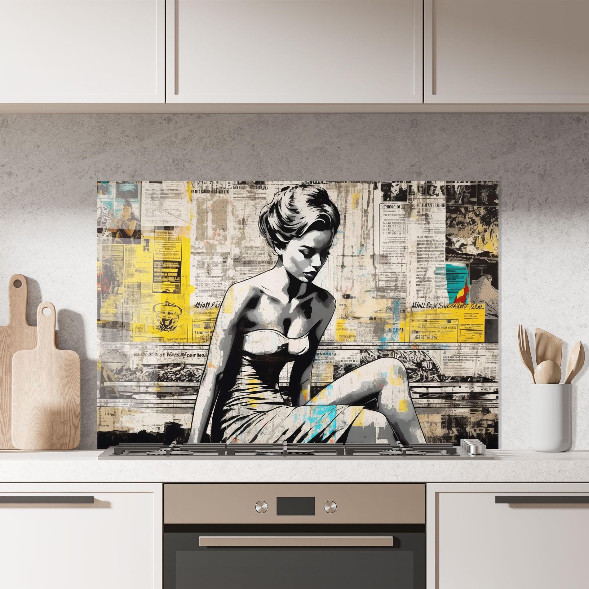 Küchenrückwand Glas Newspaper Painting Girl mockup 7