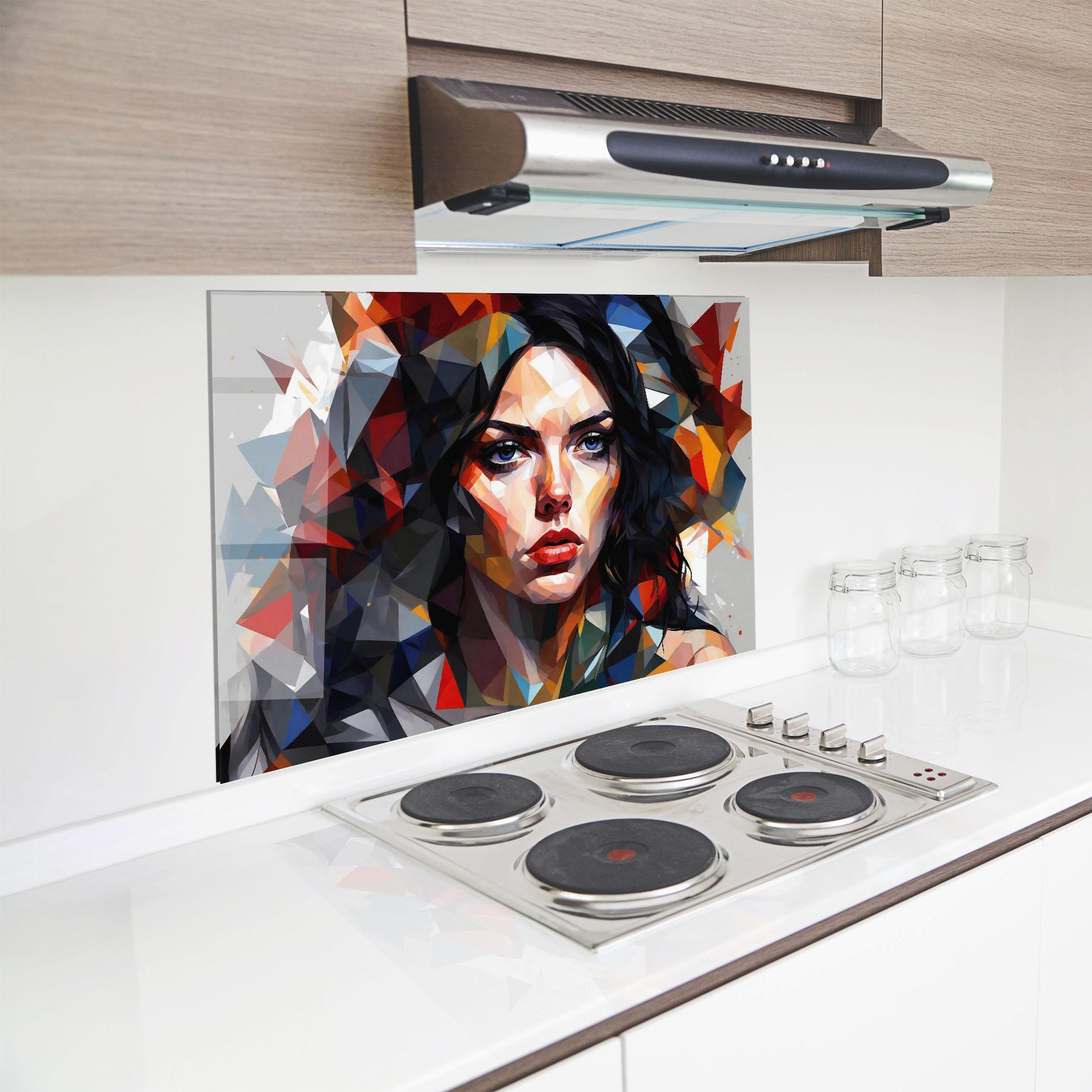 Küchenrückwand Glas Colorful Polygonal Woman mockup 8