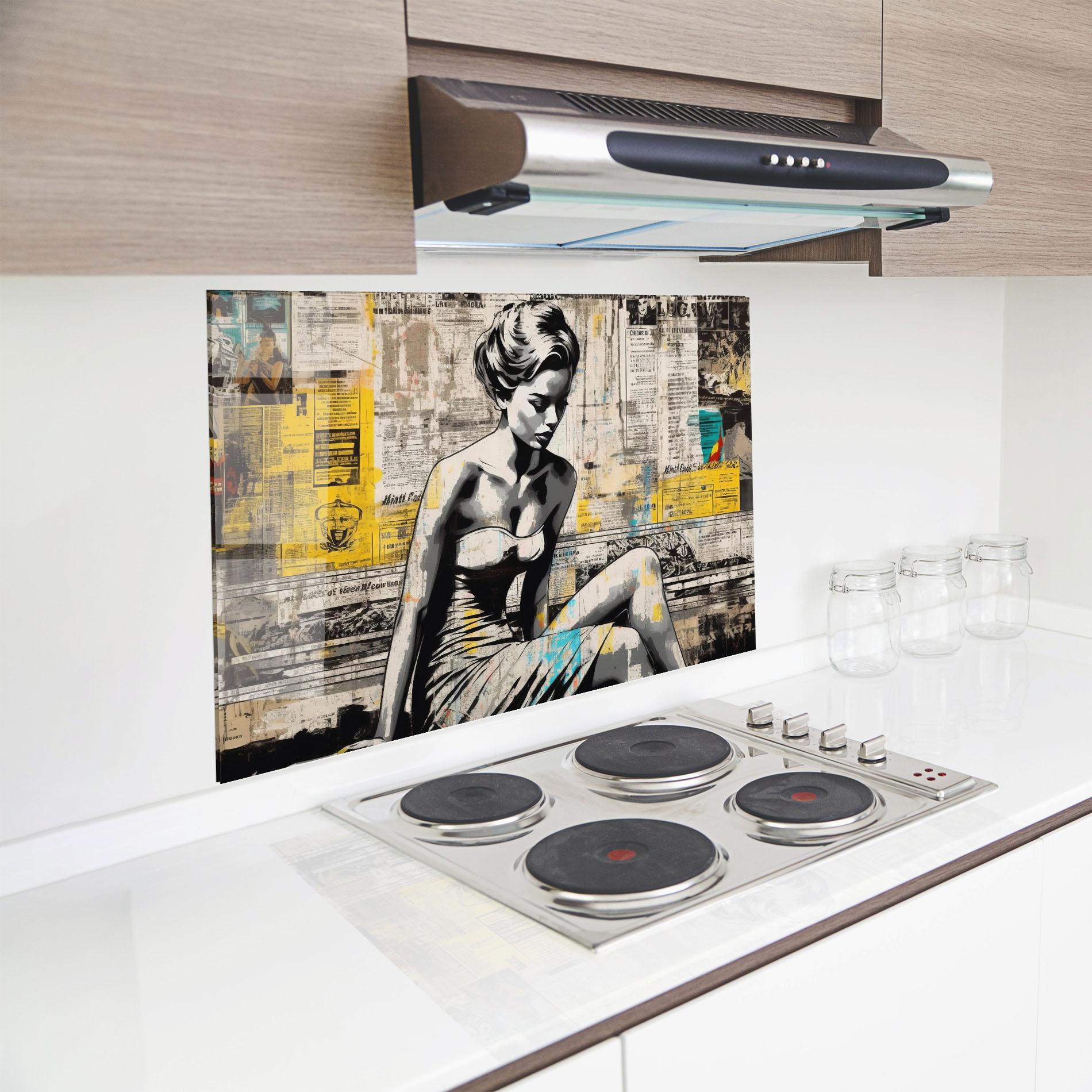 Küchenrückwand Glas Newspaper Painting Girl mockup 8