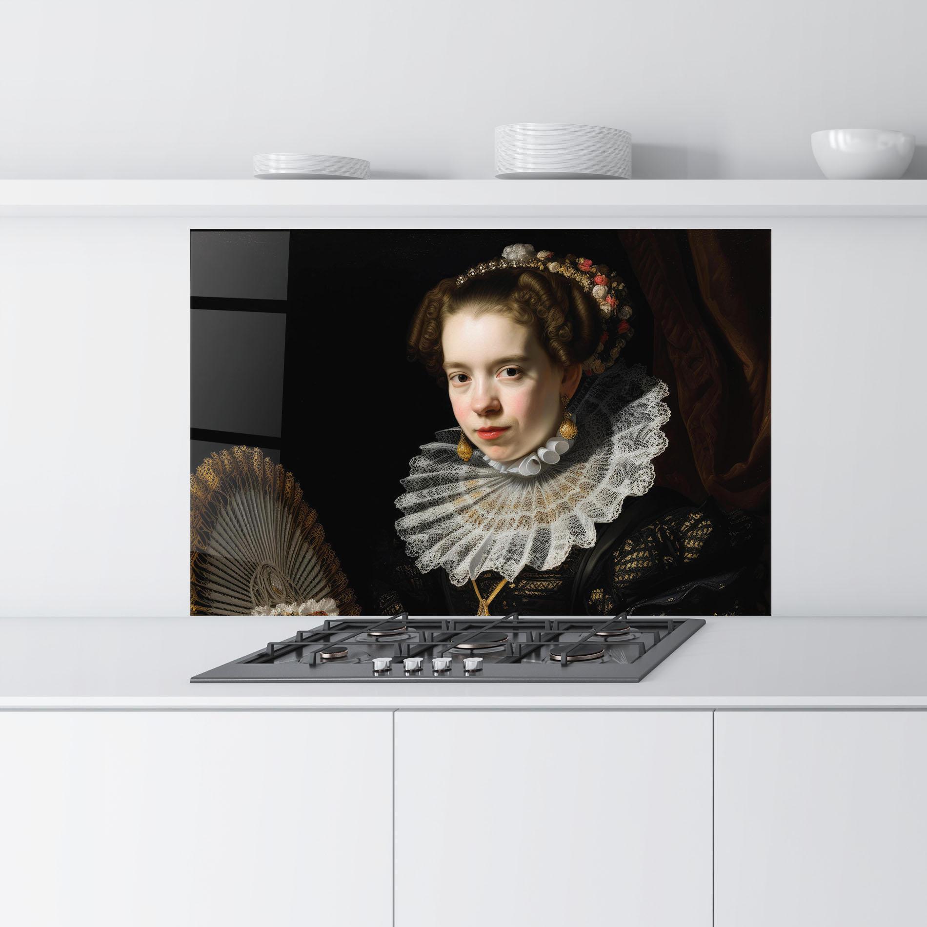 Küchenrückwand Glas Baroque Lady Portrait mockup 9