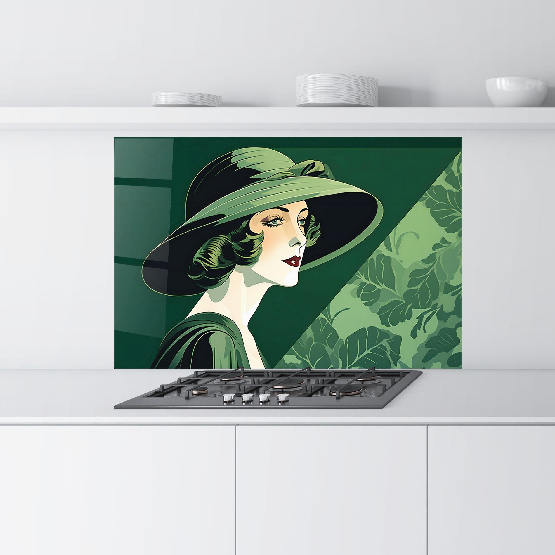Küchenrückwand Glas Green Woman Painting mockup 9