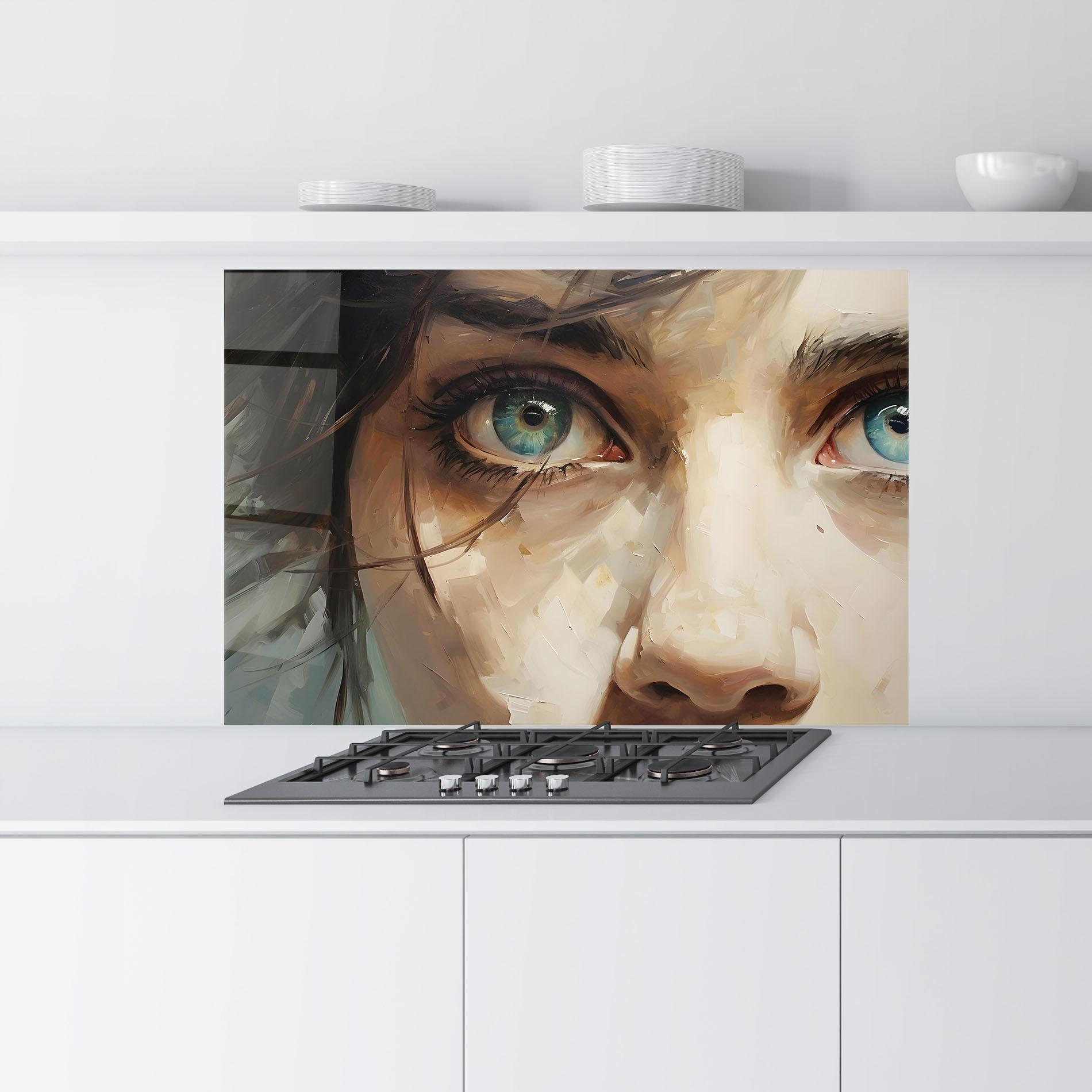 Küchenrückwand Glas Vintage Blue Eyes Art mockup 9