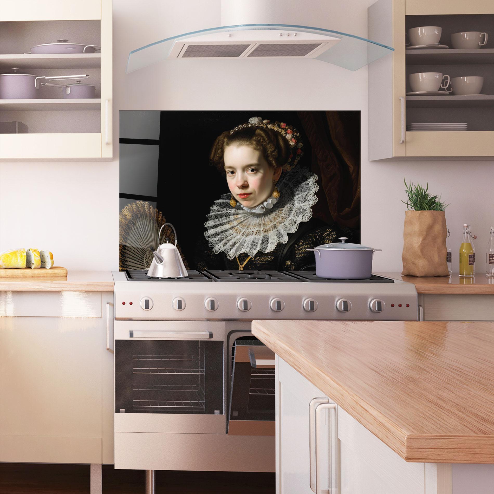 Küchenrückwand Glas Baroque Lady Portrait mockup 1