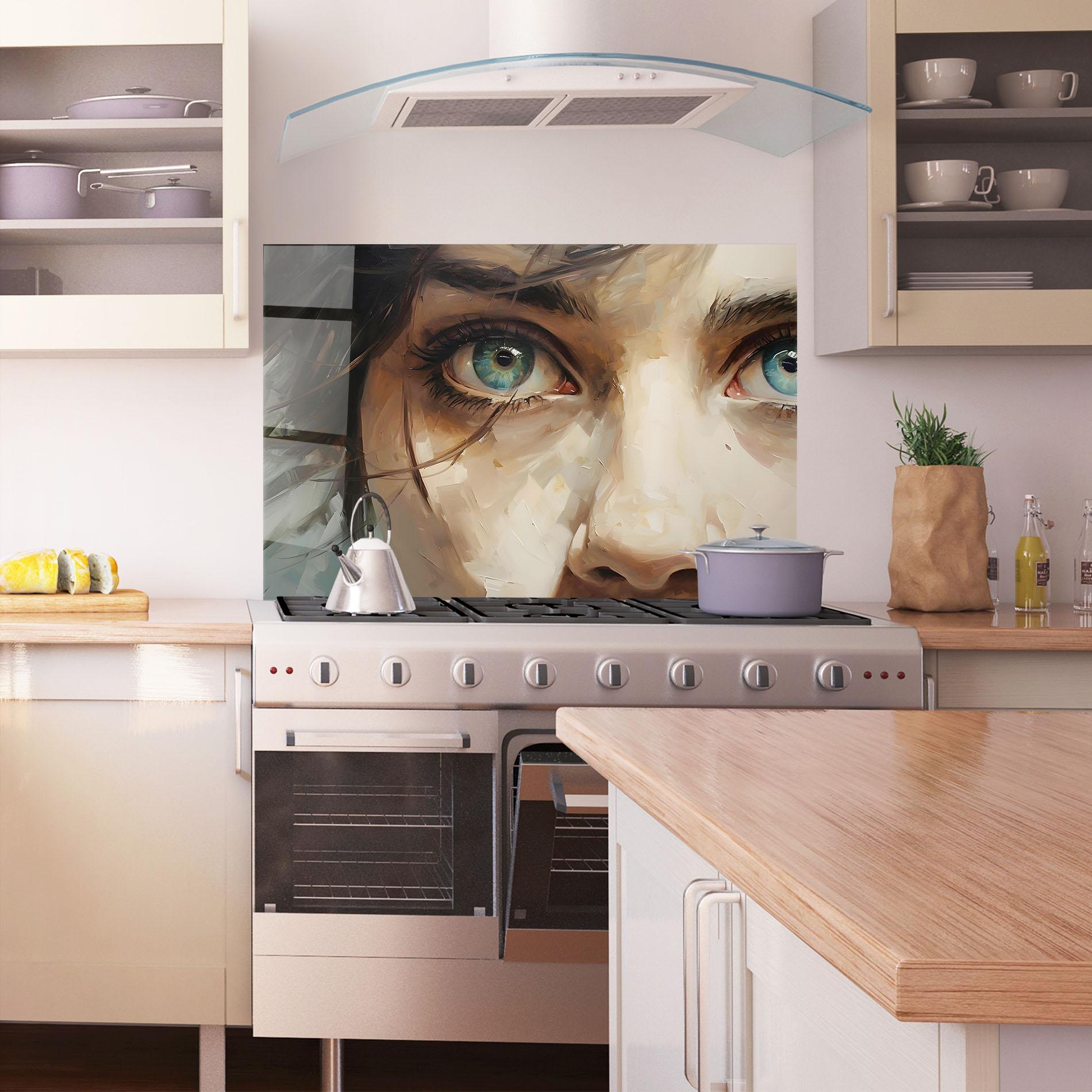 Küchenrückwand Glas Vintage Blue Eyes Art mockup 1